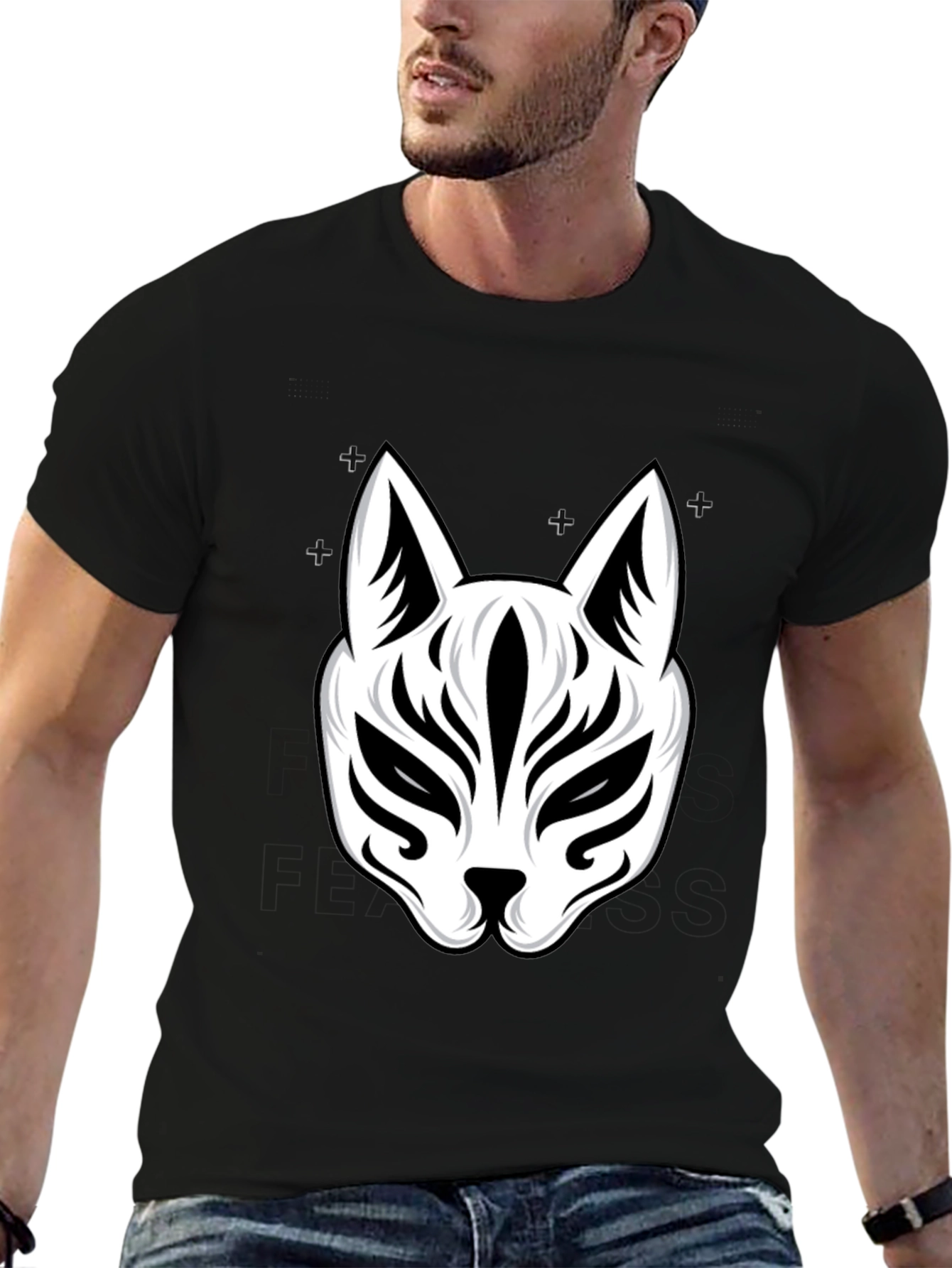 Black T-Shirt with White Kitsune Mask Graphic