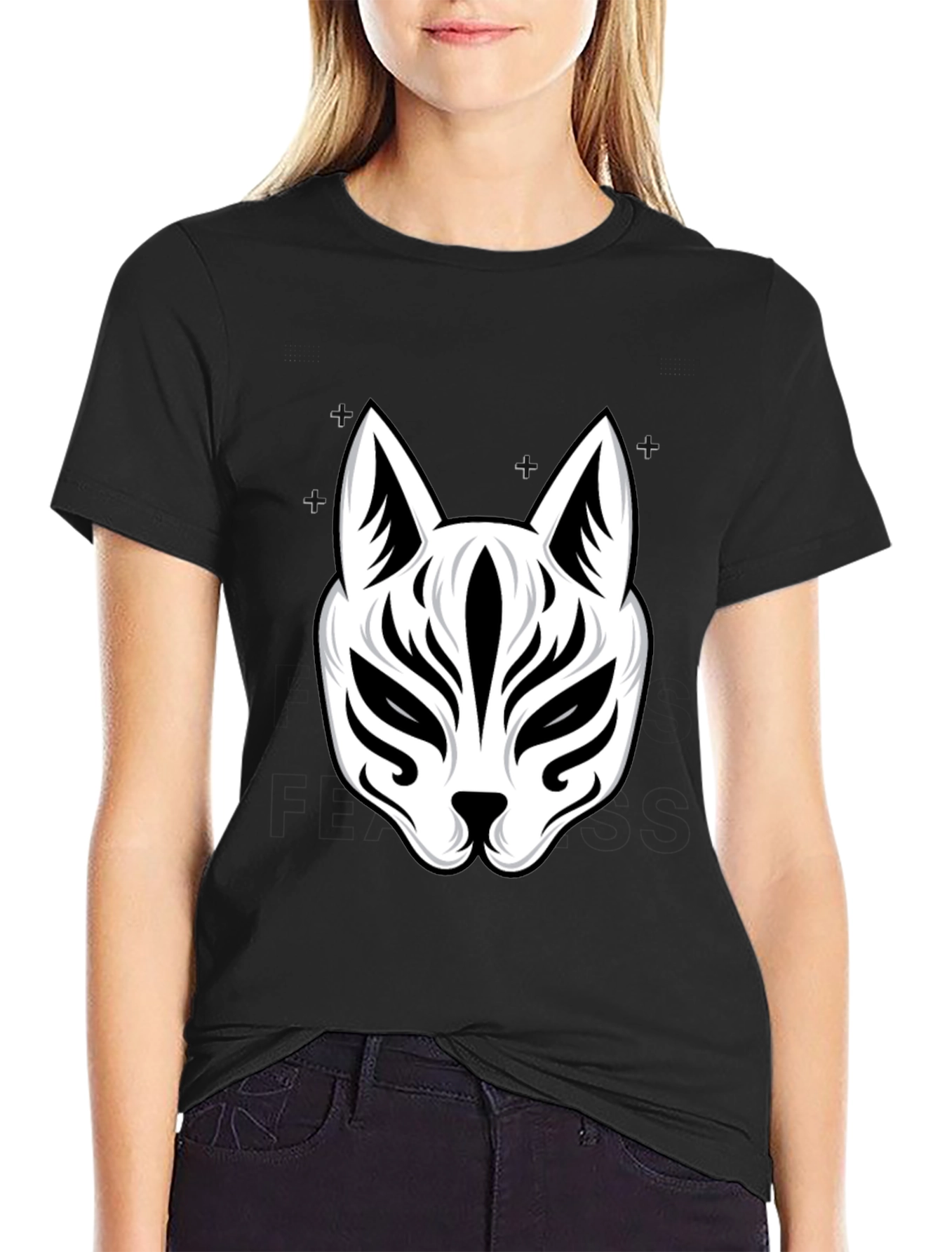 Black T-Shirt with White Kitsune Mask Graphic