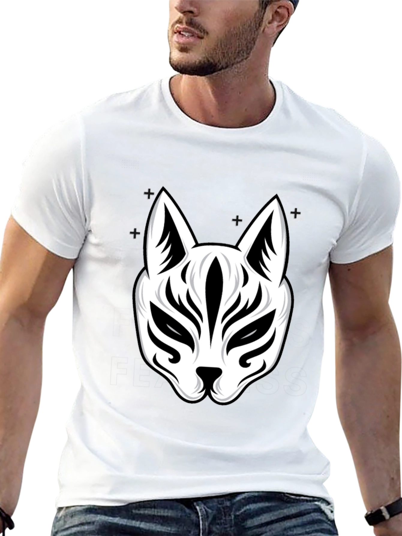 Black T-Shirt with White Kitsune Mask Graphic