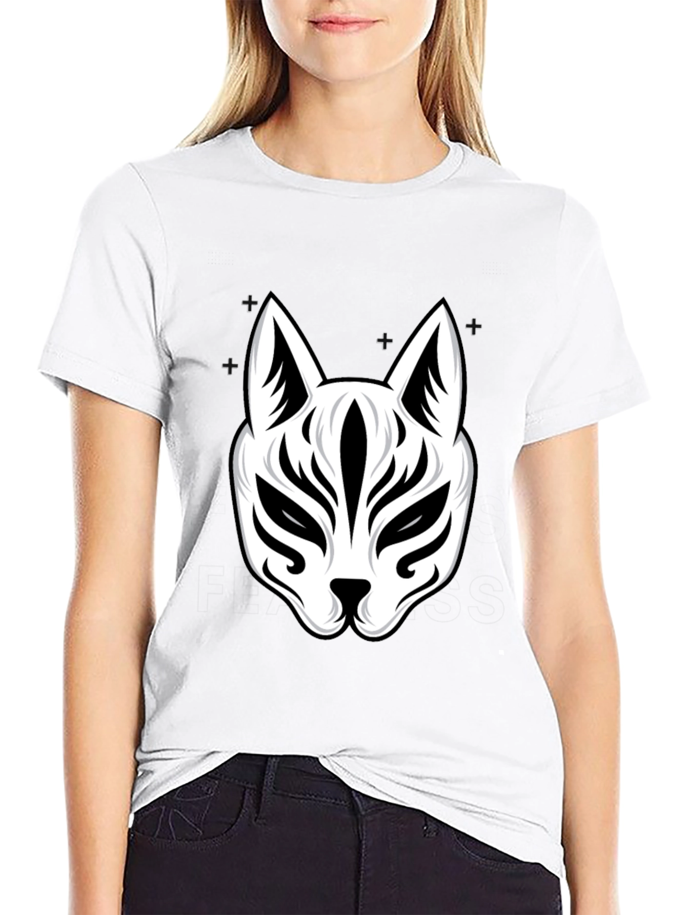 Black T-Shirt with White Kitsune Mask Graphic