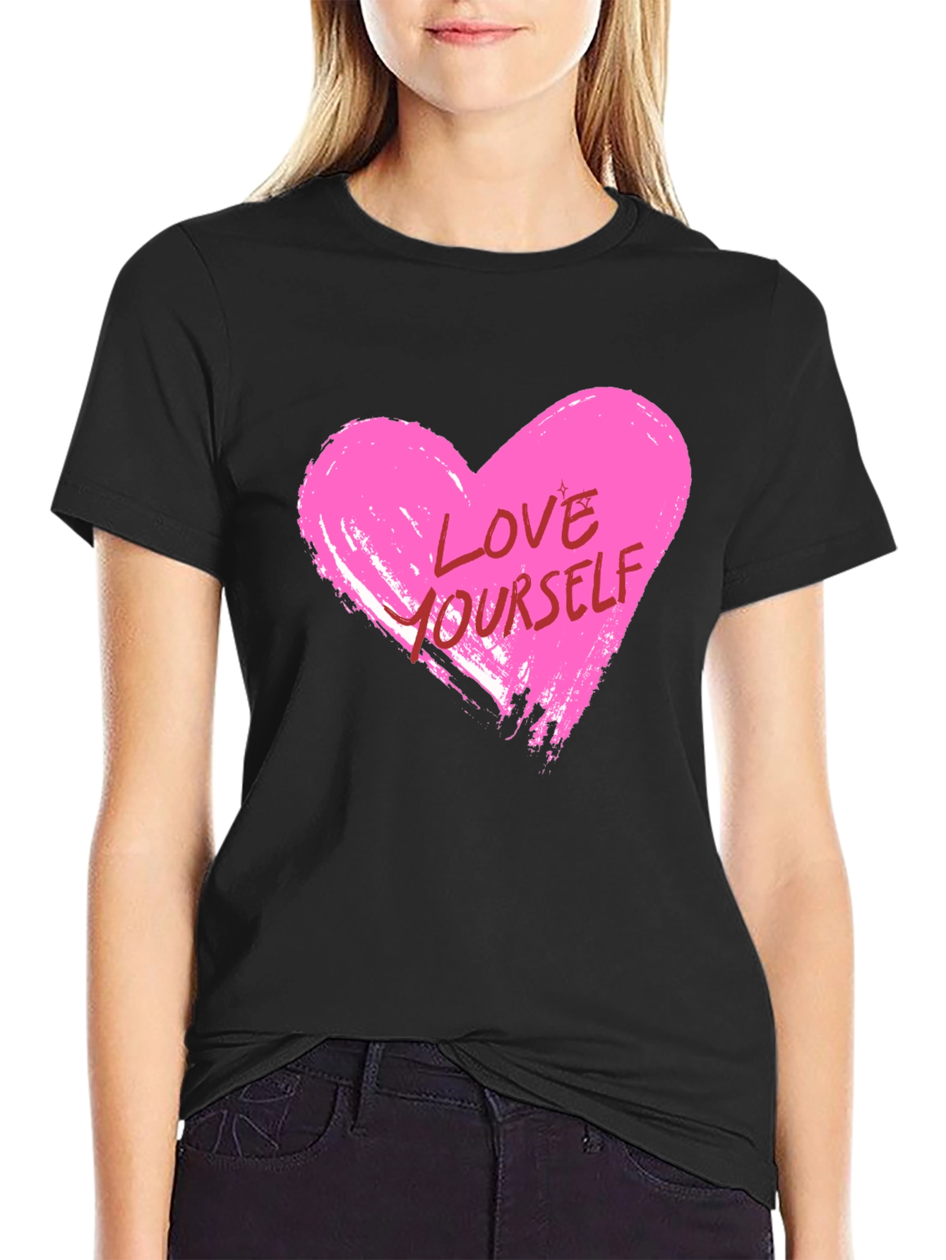 Love Yourself Pink Heart Graphic Black T-Shirt