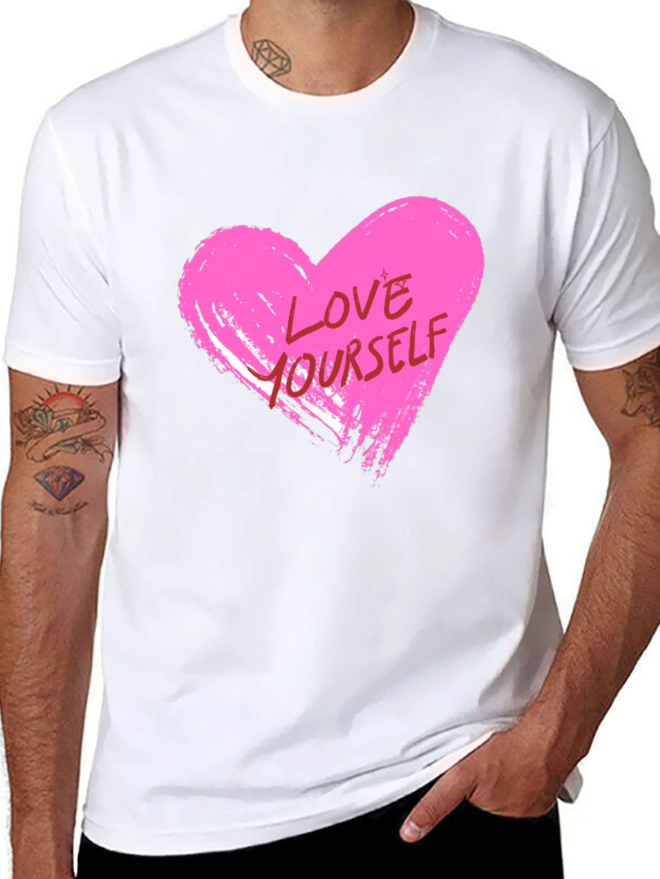Love Yourself Pink Heart Graphic Black T-Shirt
