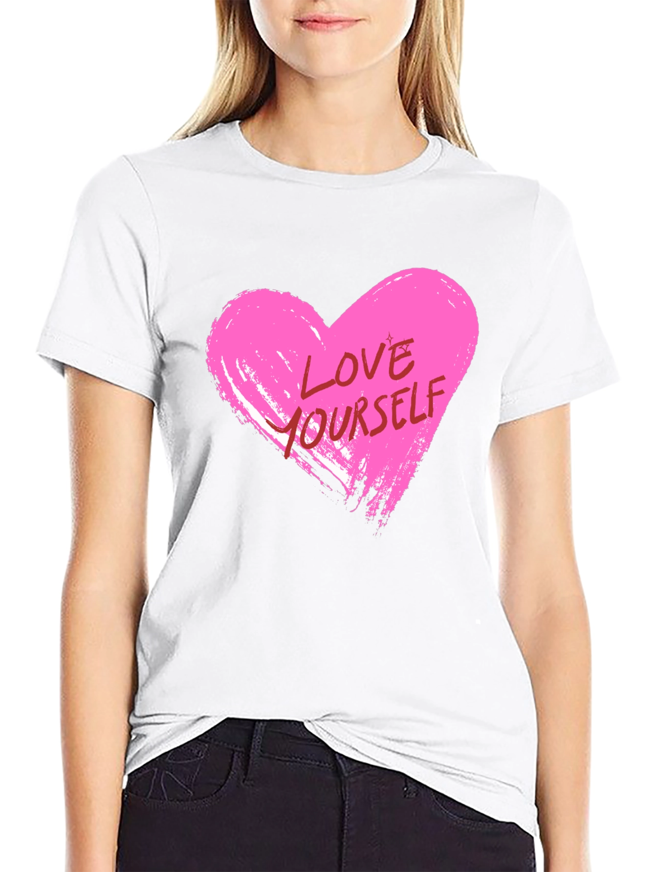 Love Yourself Pink Heart Graphic Black T-Shirt