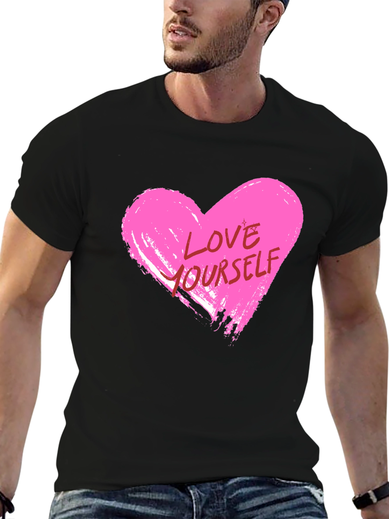 Love Yourself Pink Heart Graphic Black T-Shirt