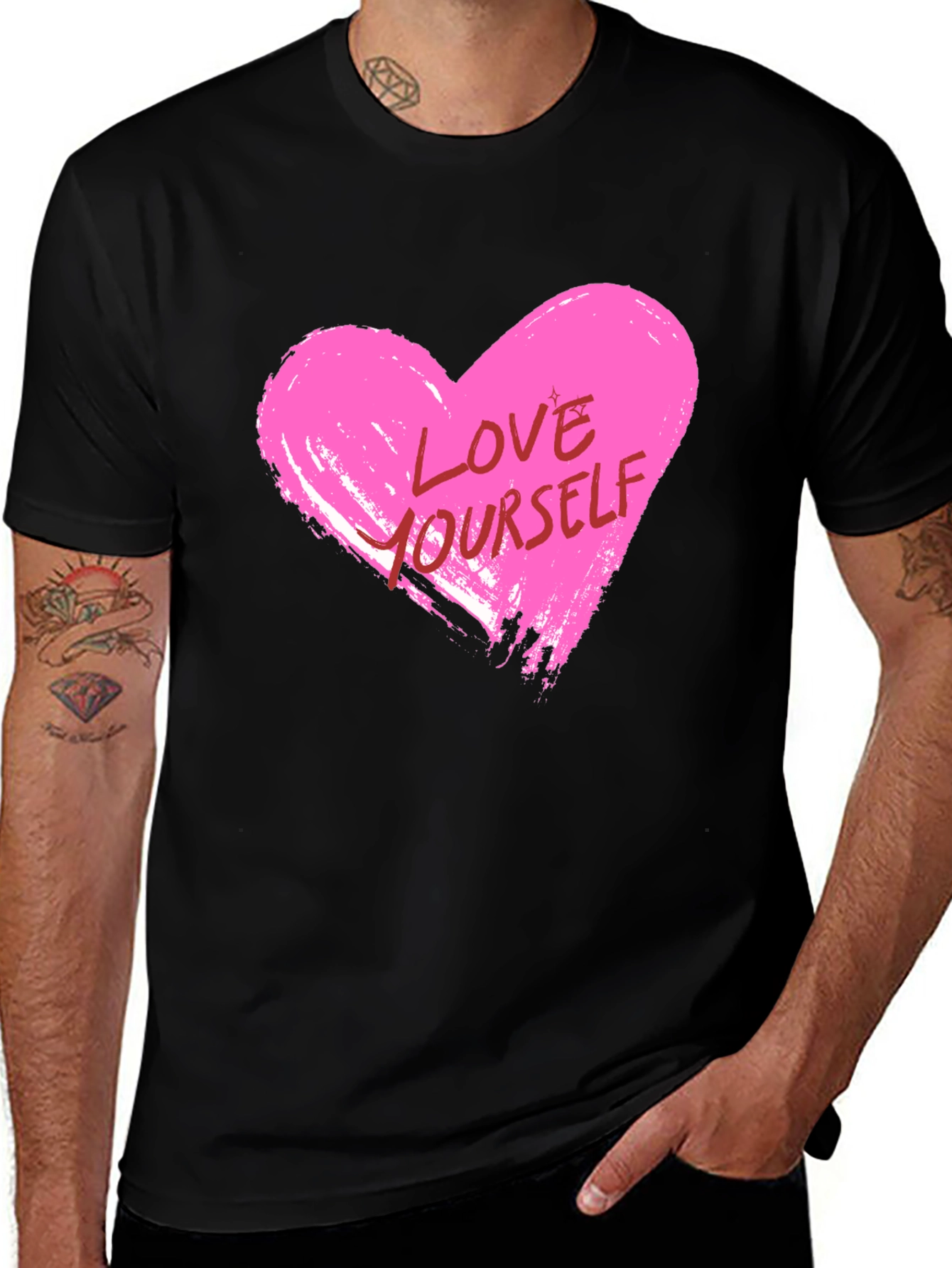Love Yourself Pink Heart Graphic Black T-Shirt
