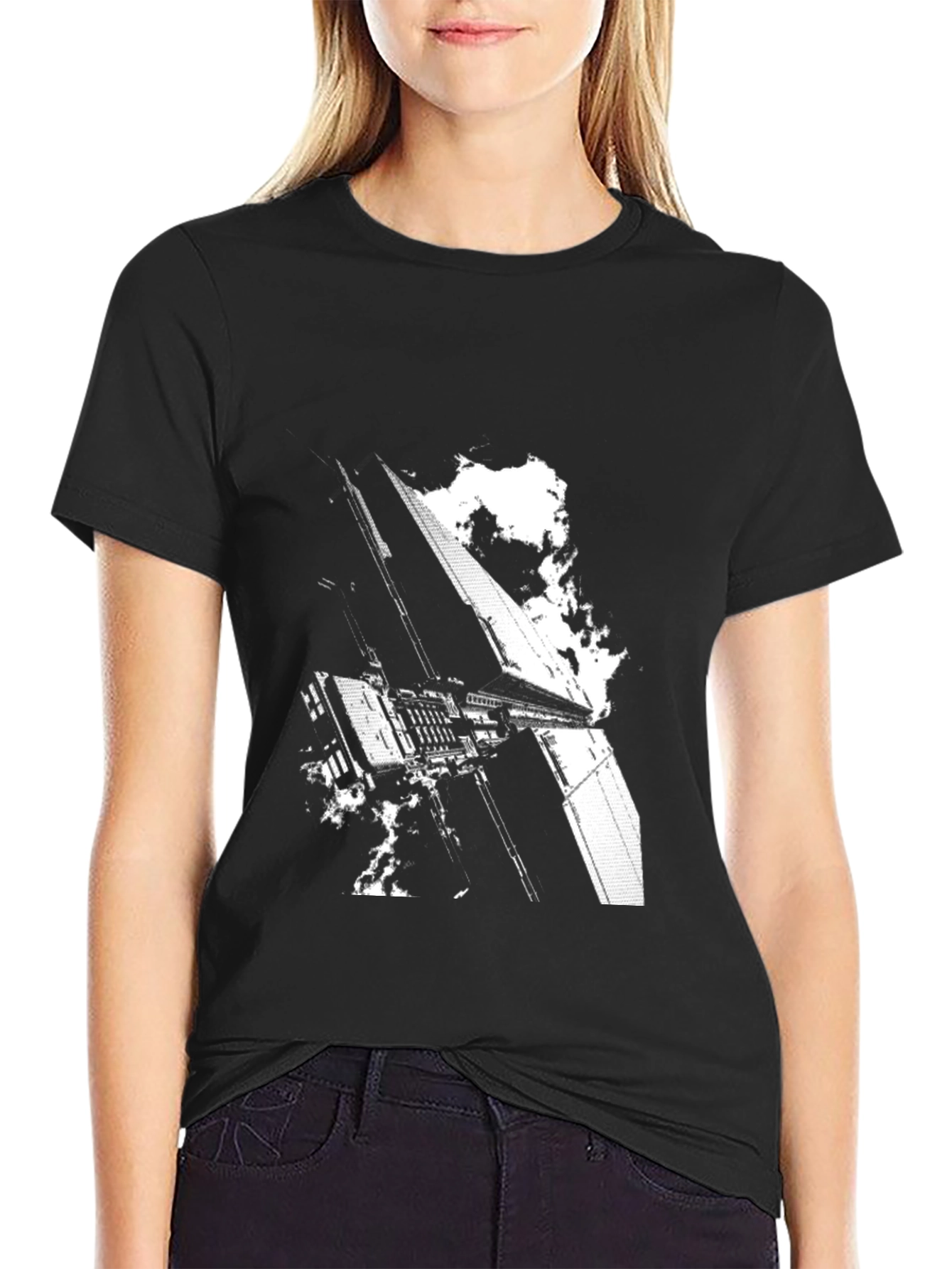 Sci-Fi Building Graphic Tee - Black Cotton T-Shirt