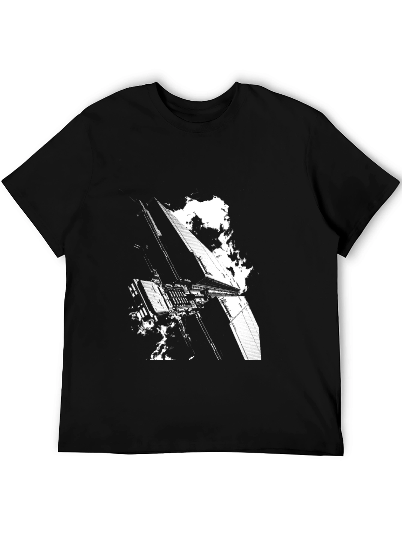 Sci-Fi Building Graphic Tee - Black Cotton T-Shirt