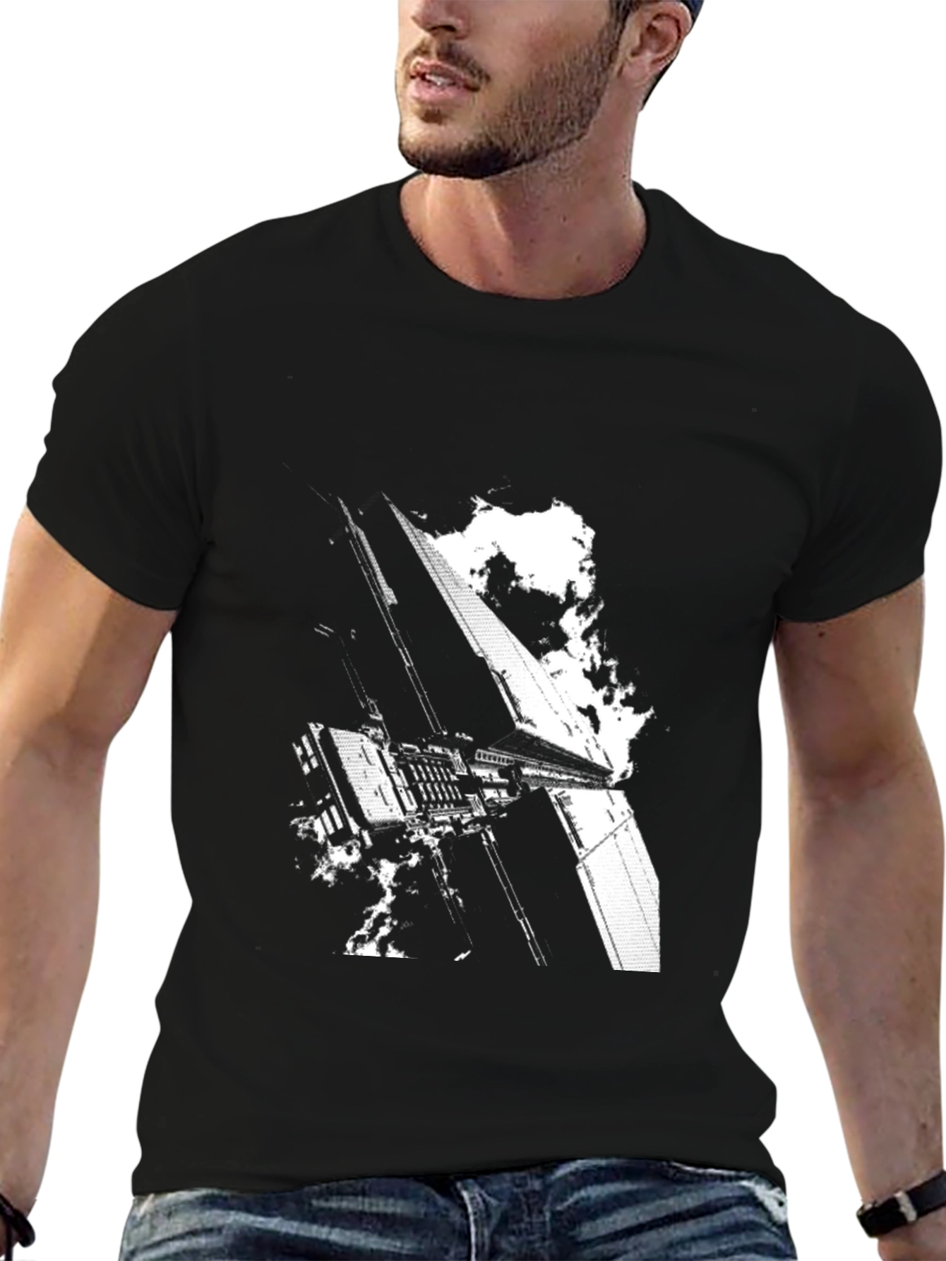 Sci-Fi Building Graphic Tee - Black Cotton T-Shirt