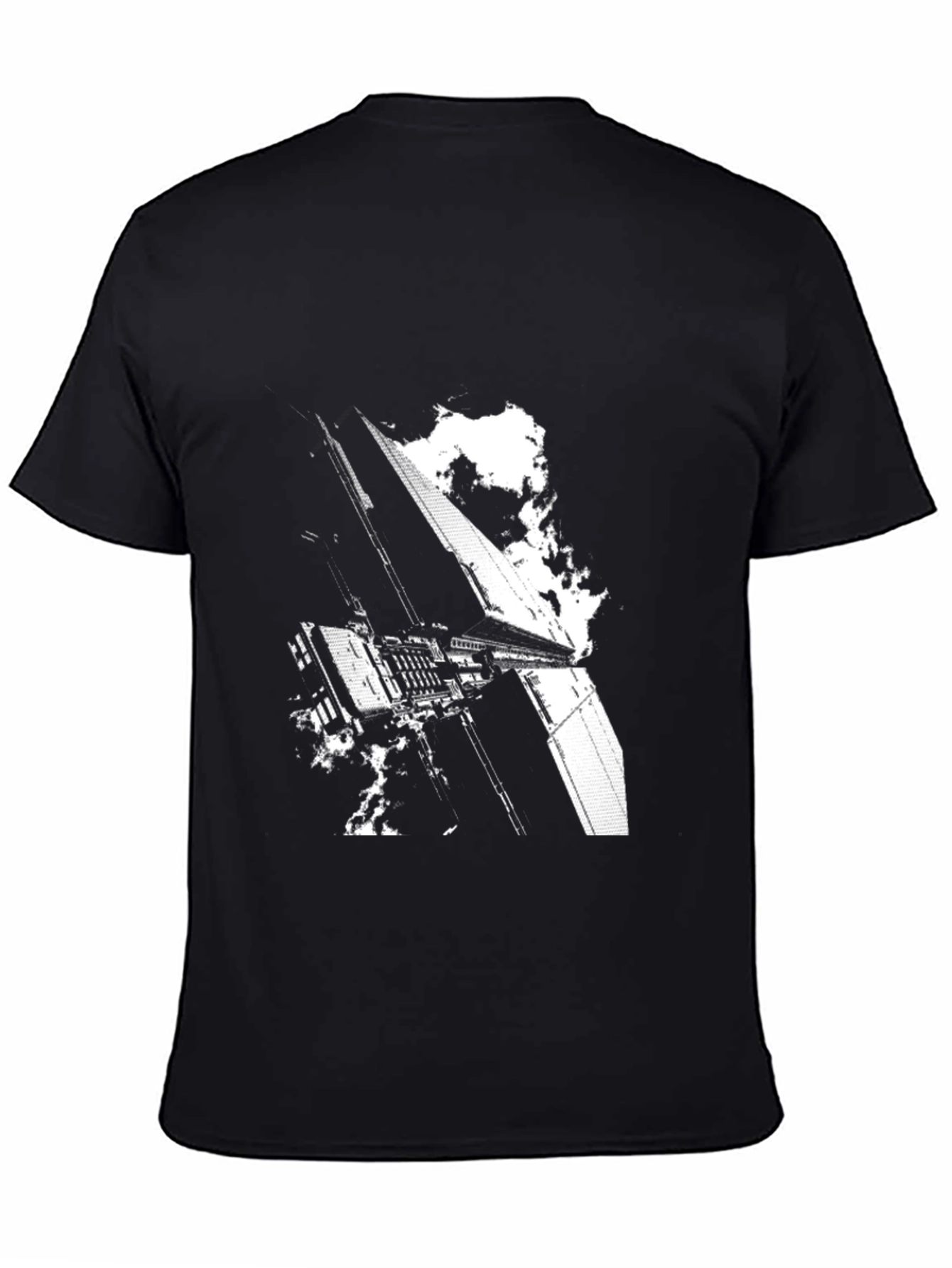Sci-Fi Building Graphic Tee - Black Cotton T-Shirt