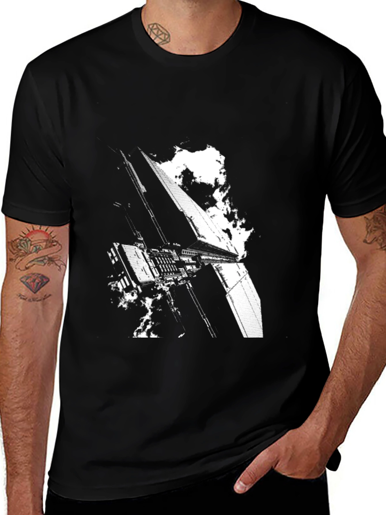 Sci-Fi Building Graphic Tee - Black Cotton T-Shirt