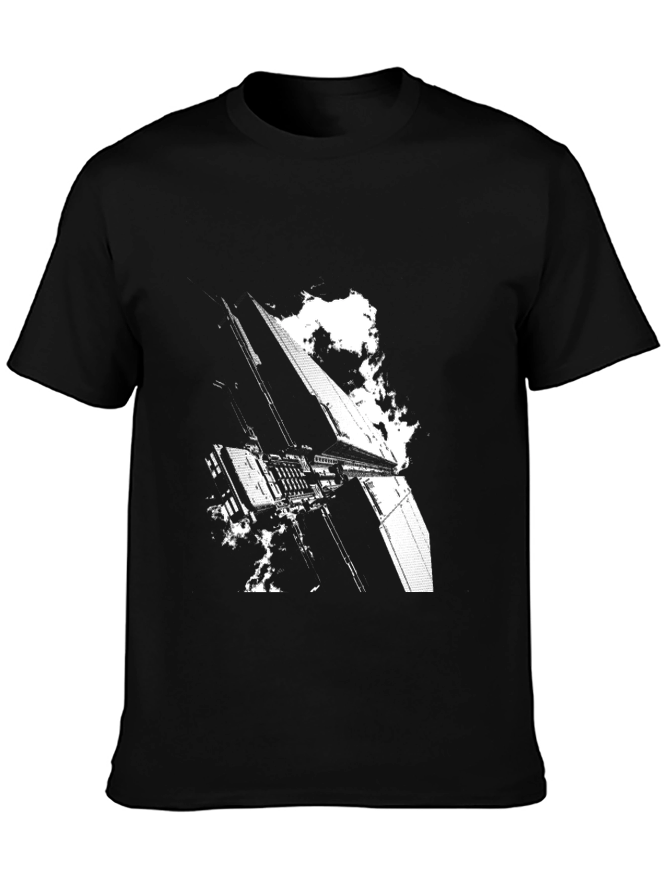 Sci-Fi Building Graphic Tee - Black Cotton T-Shirt