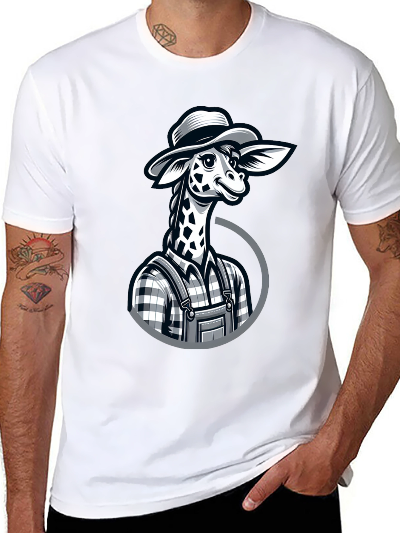 Giraffe Farmer Graphic Tee - Novelty Cartoon Animal Shirt