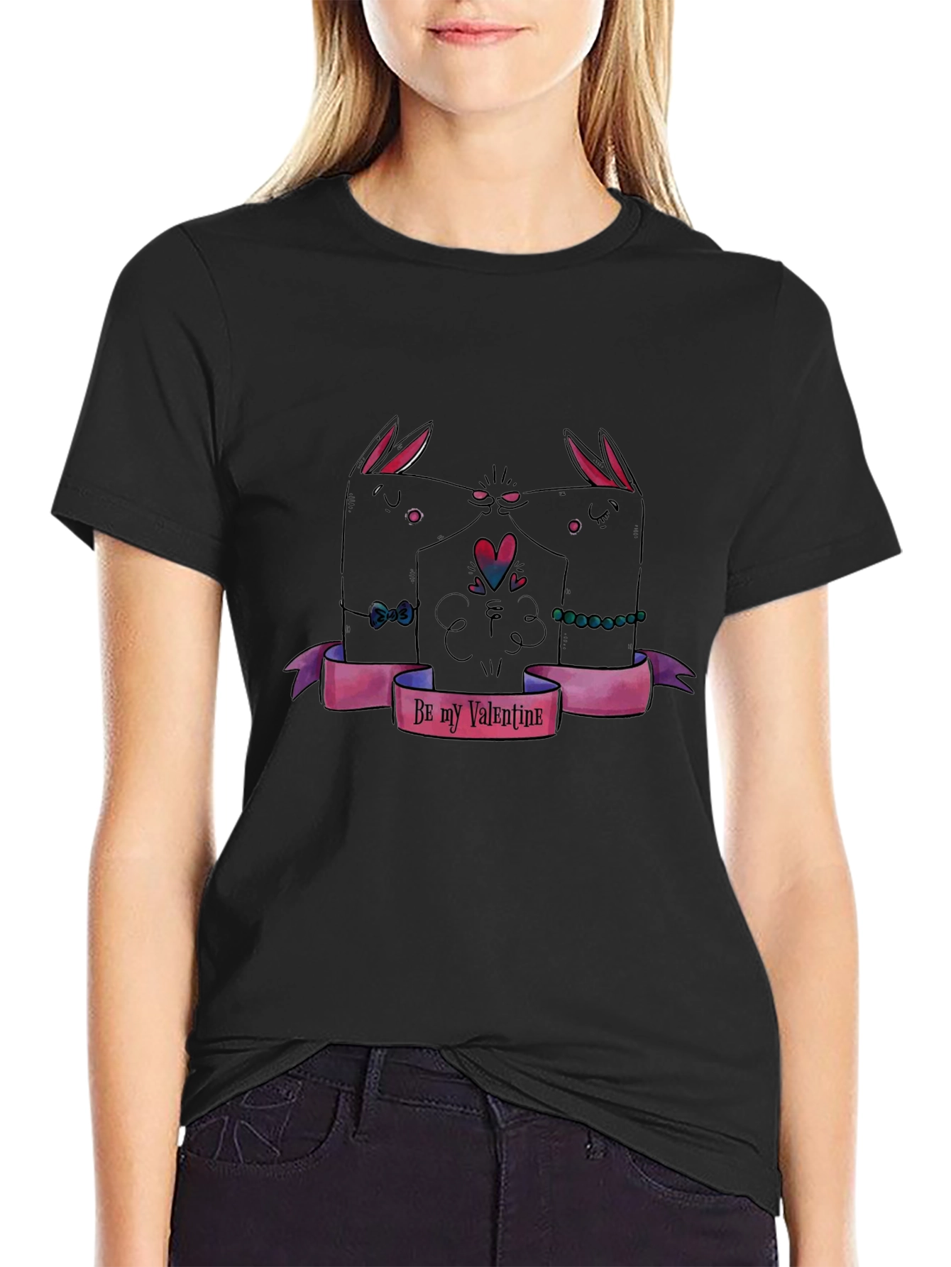 Valentines Day Black T-Shirt with Bunny Design