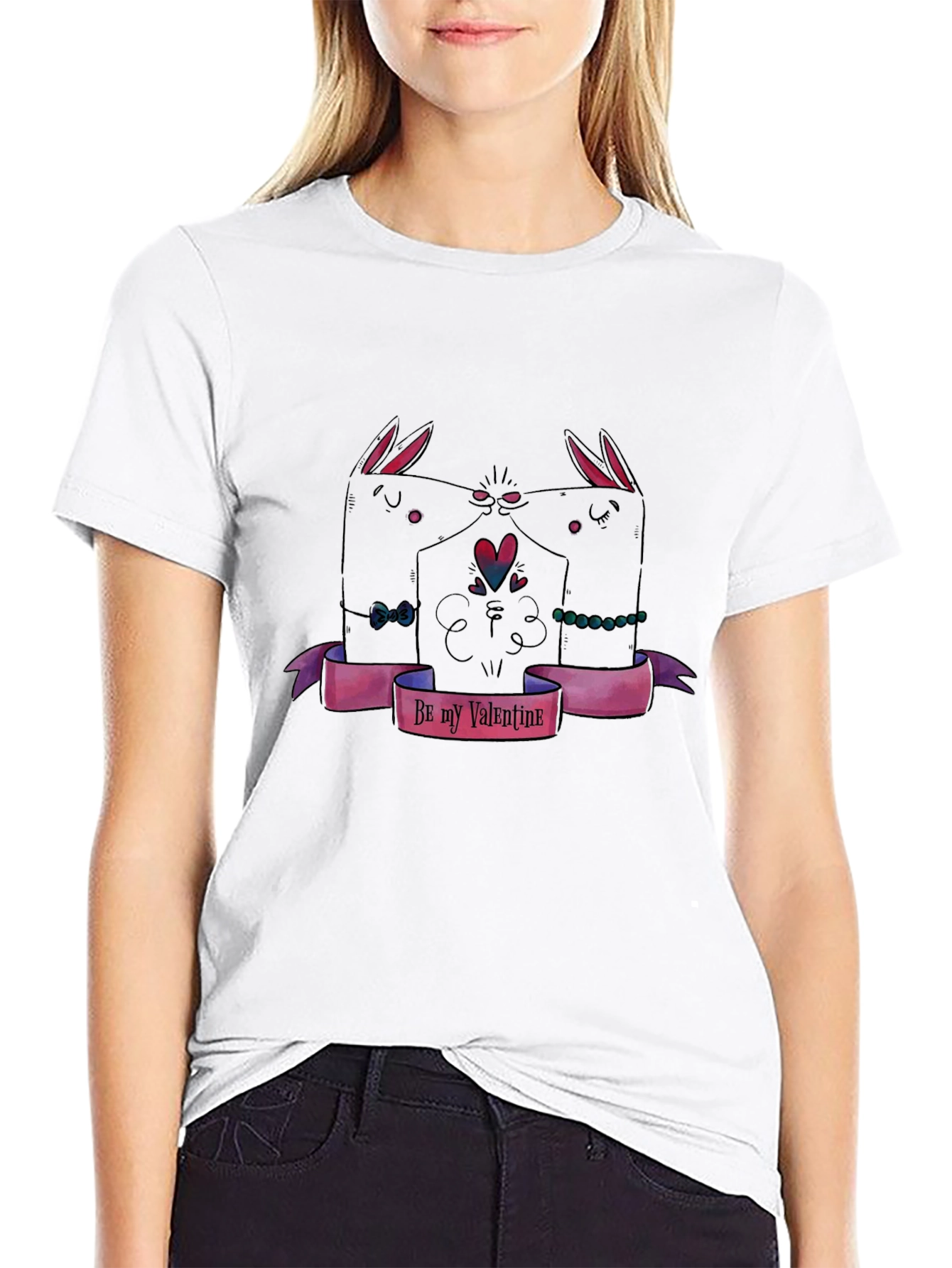 Valentines Day Black T-Shirt with Bunny Design