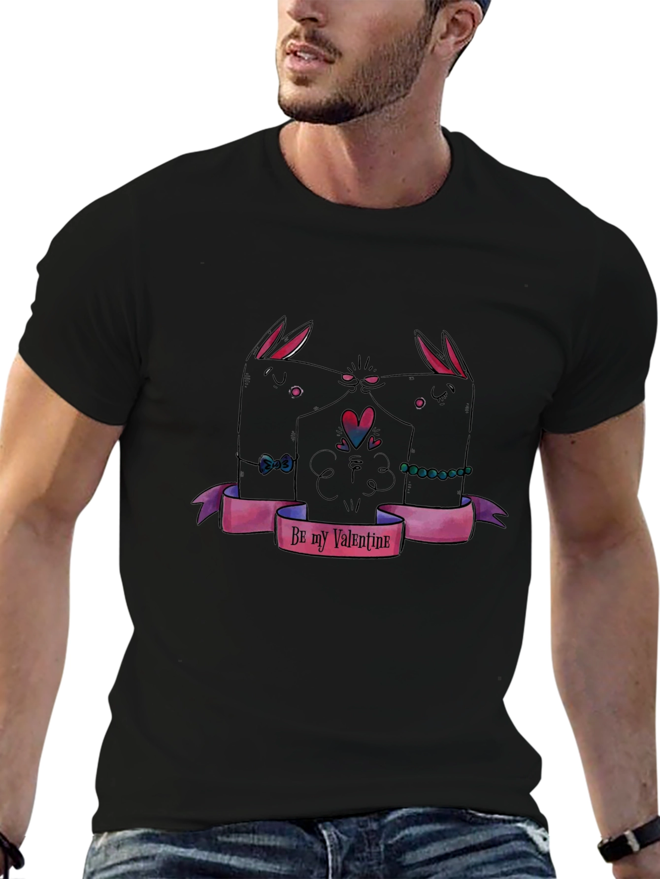 Valentines Day Black T-Shirt with Bunny Design