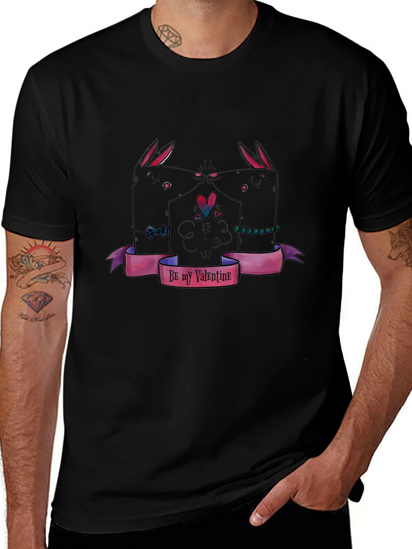 Valentines Day Black T-Shirt with Bunny Design