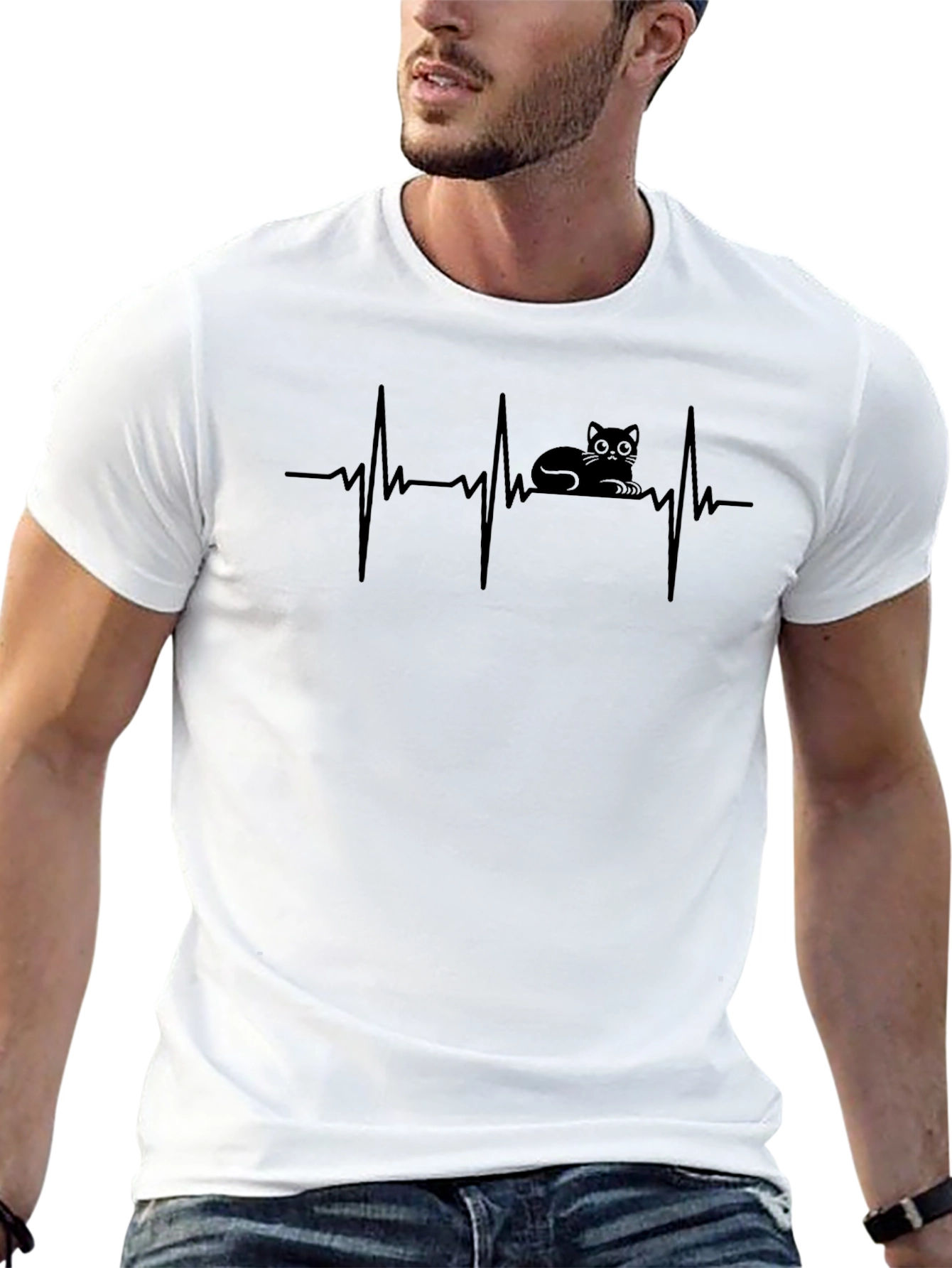 Cat Heartbeat T-Shirt - Black Cotton Tee