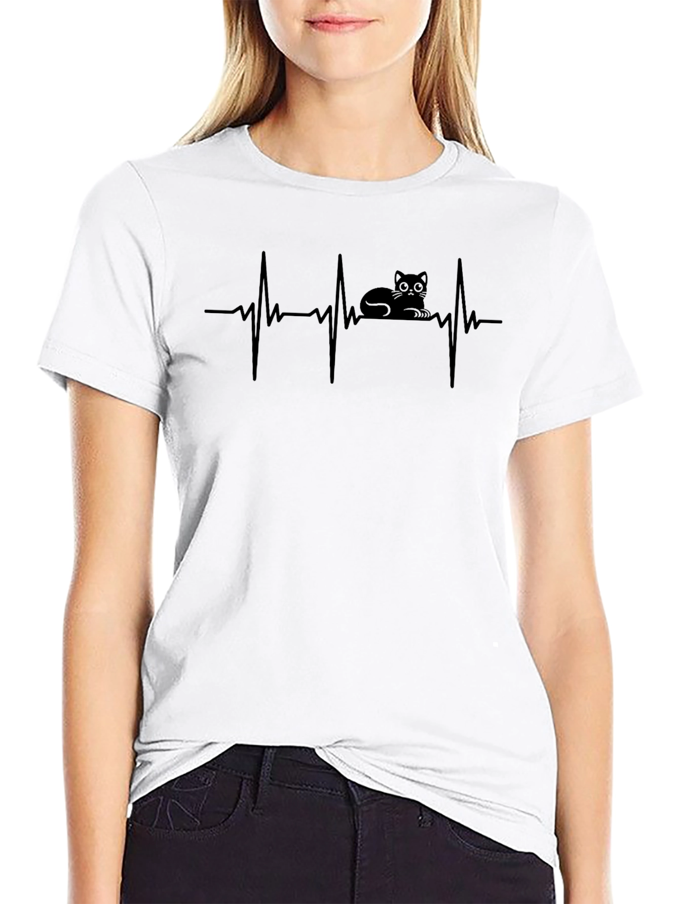 Cat Heartbeat T-Shirt - Black Cotton Tee