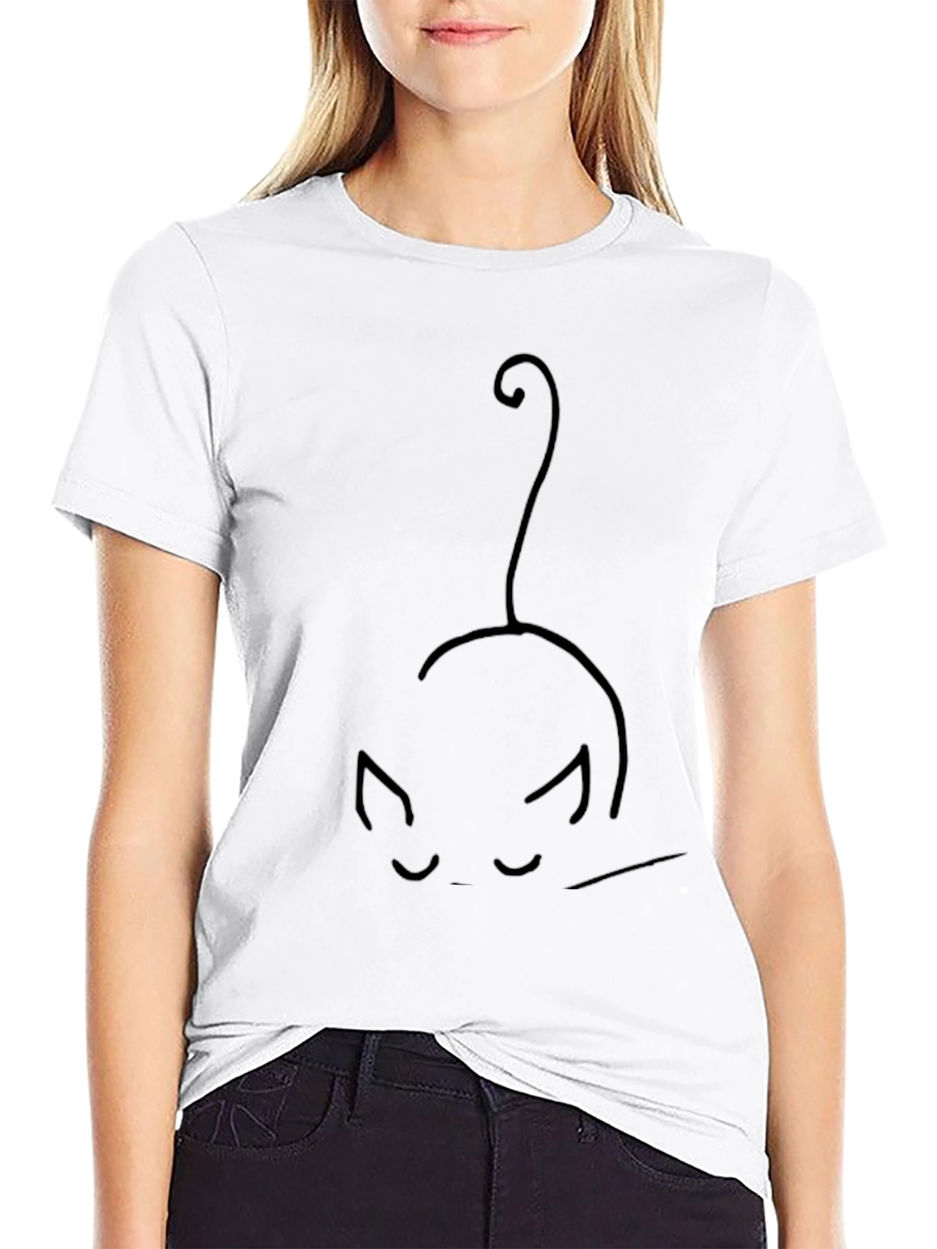 Minimalist Cat Line Art Black T-Shirt