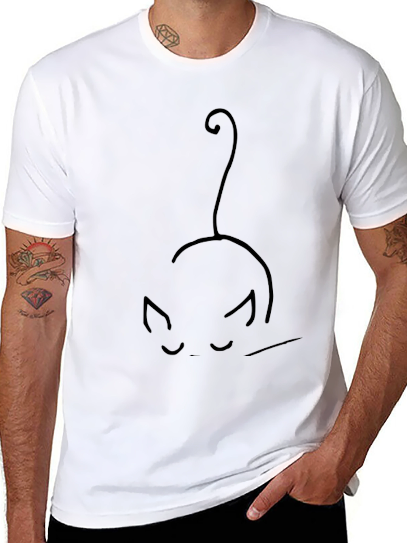 Minimalist Cat Line Art Black T-Shirt