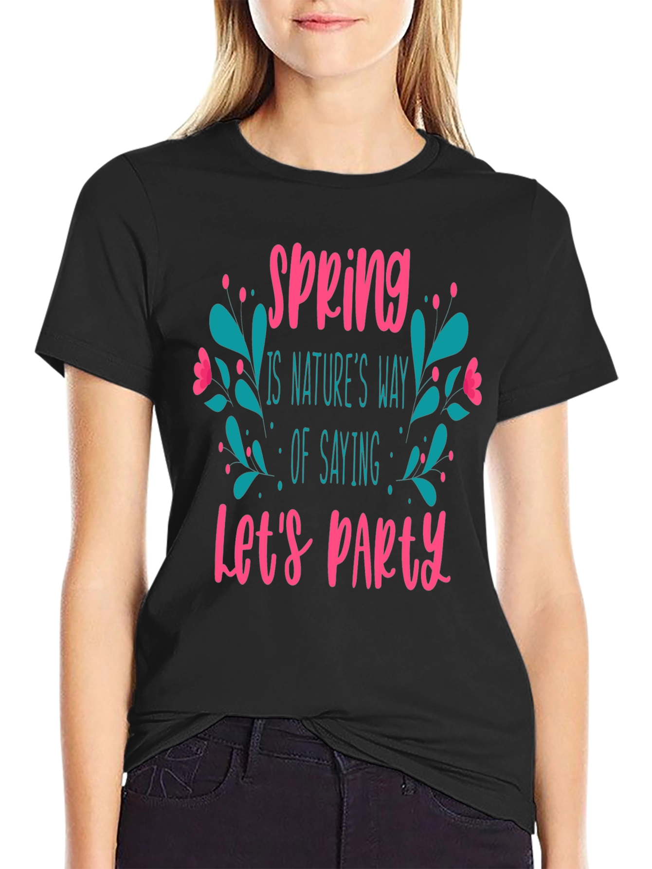 Spring Lets Party Black Graphic T-Shirt