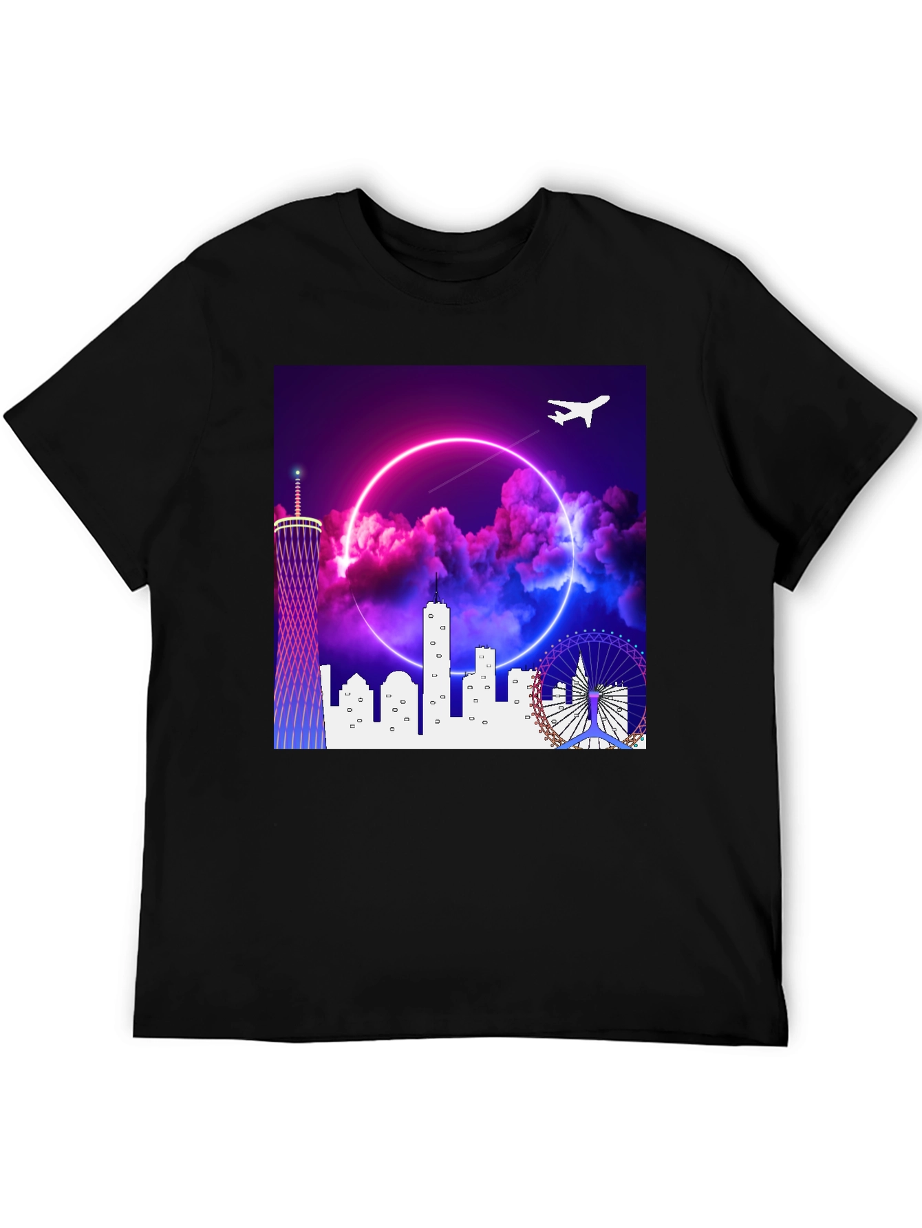 Neon Cityscape Graphic T-Shirt - Black