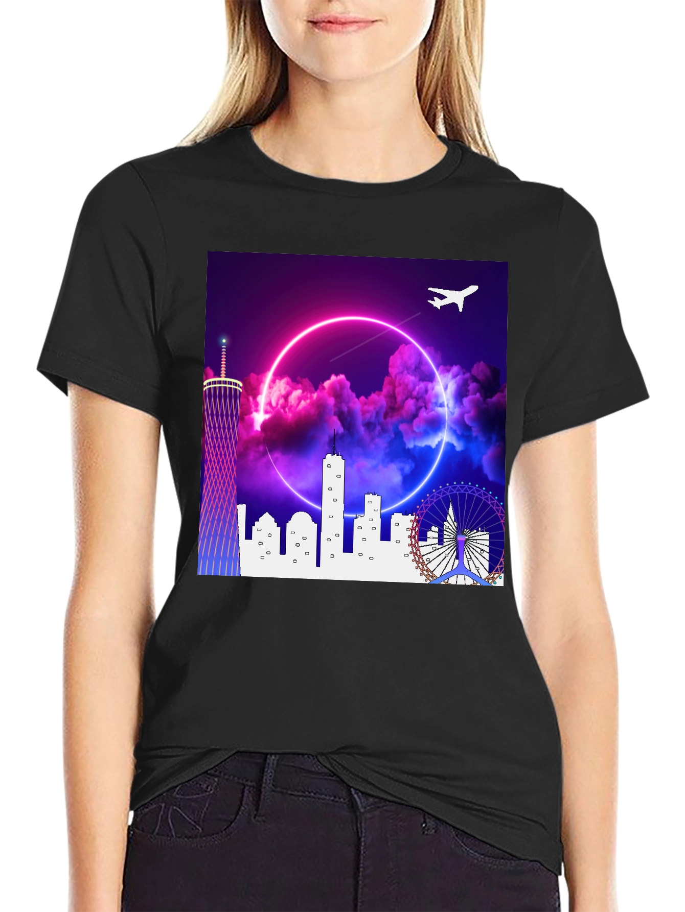 Neon Cityscape Graphic T-Shirt - Black