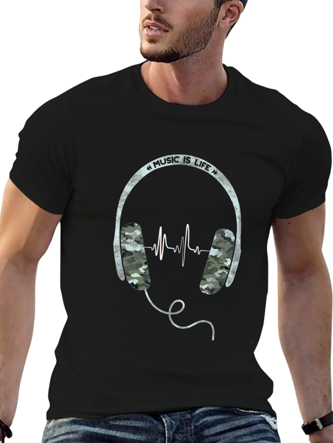 Music is Life Graphic Tee - Camo Headphone Design