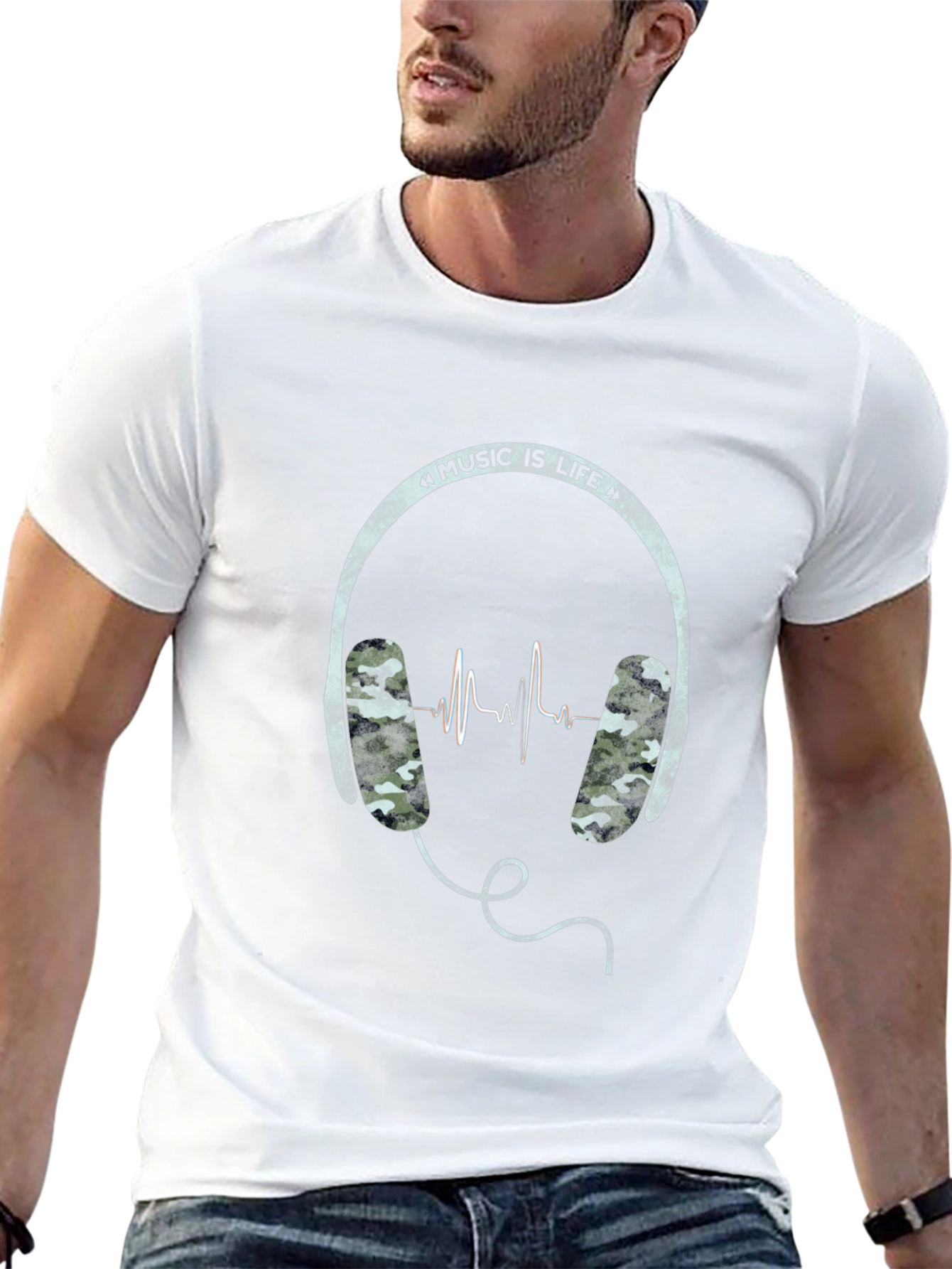 Music is Life Graphic Tee - Camo Headphone Design