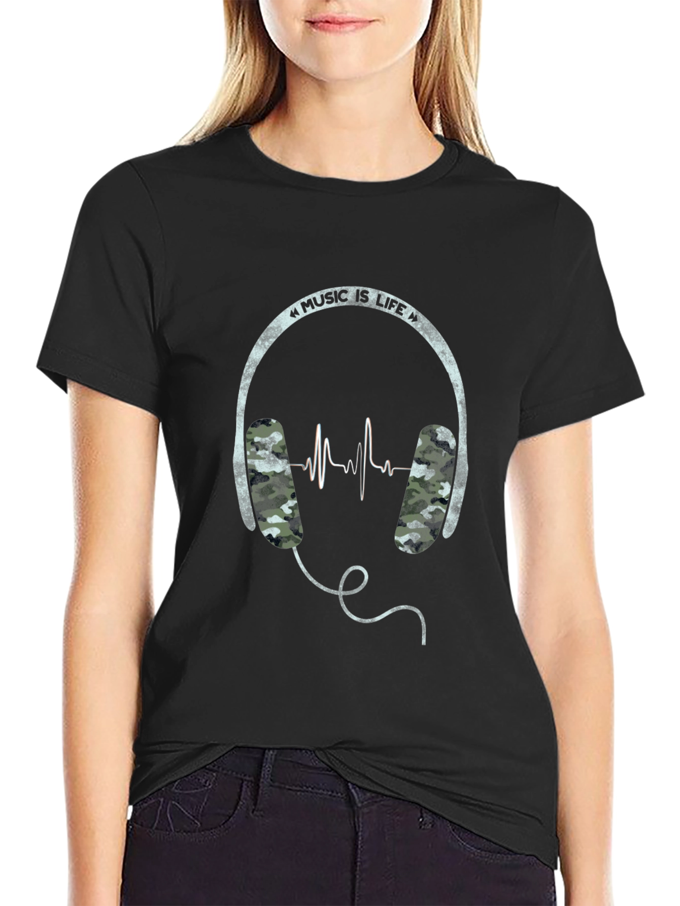 Music is Life Graphic Tee - Camo Headphone Design