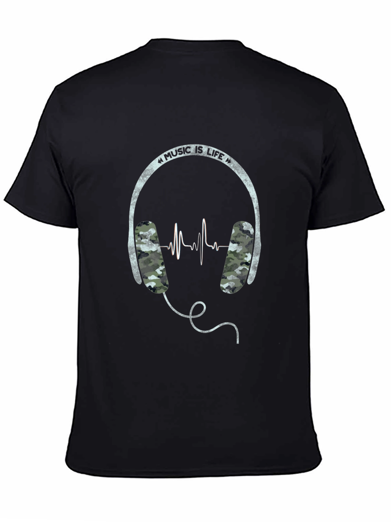 Music is Life Graphic Tee - Camo Headphone Design