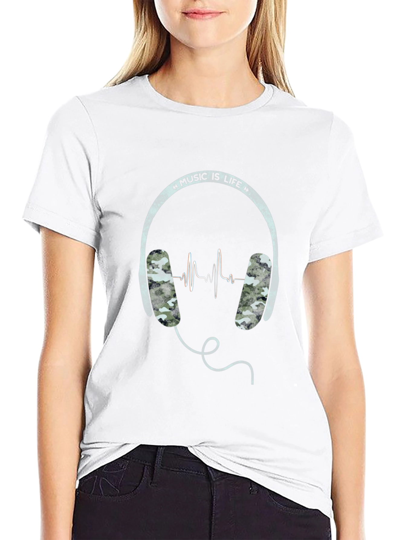 Music is Life Graphic Tee - Camo Headphone Design