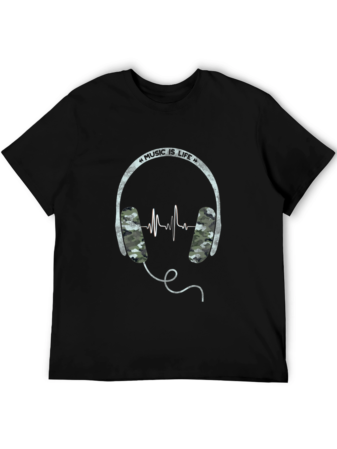 Music is Life Graphic Tee - Camo Headphone Design