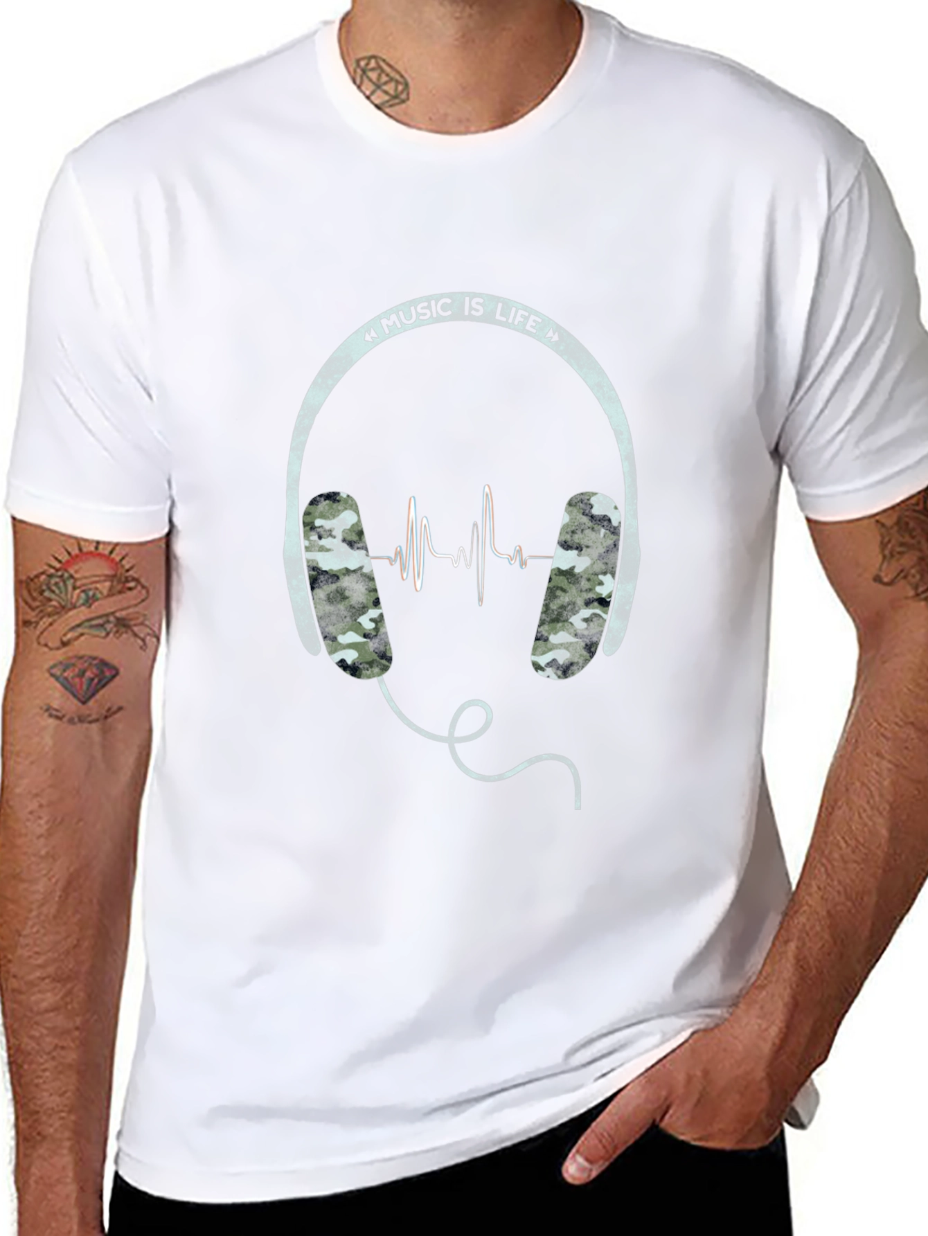 Music is Life Graphic Tee - Camo Headphone Design