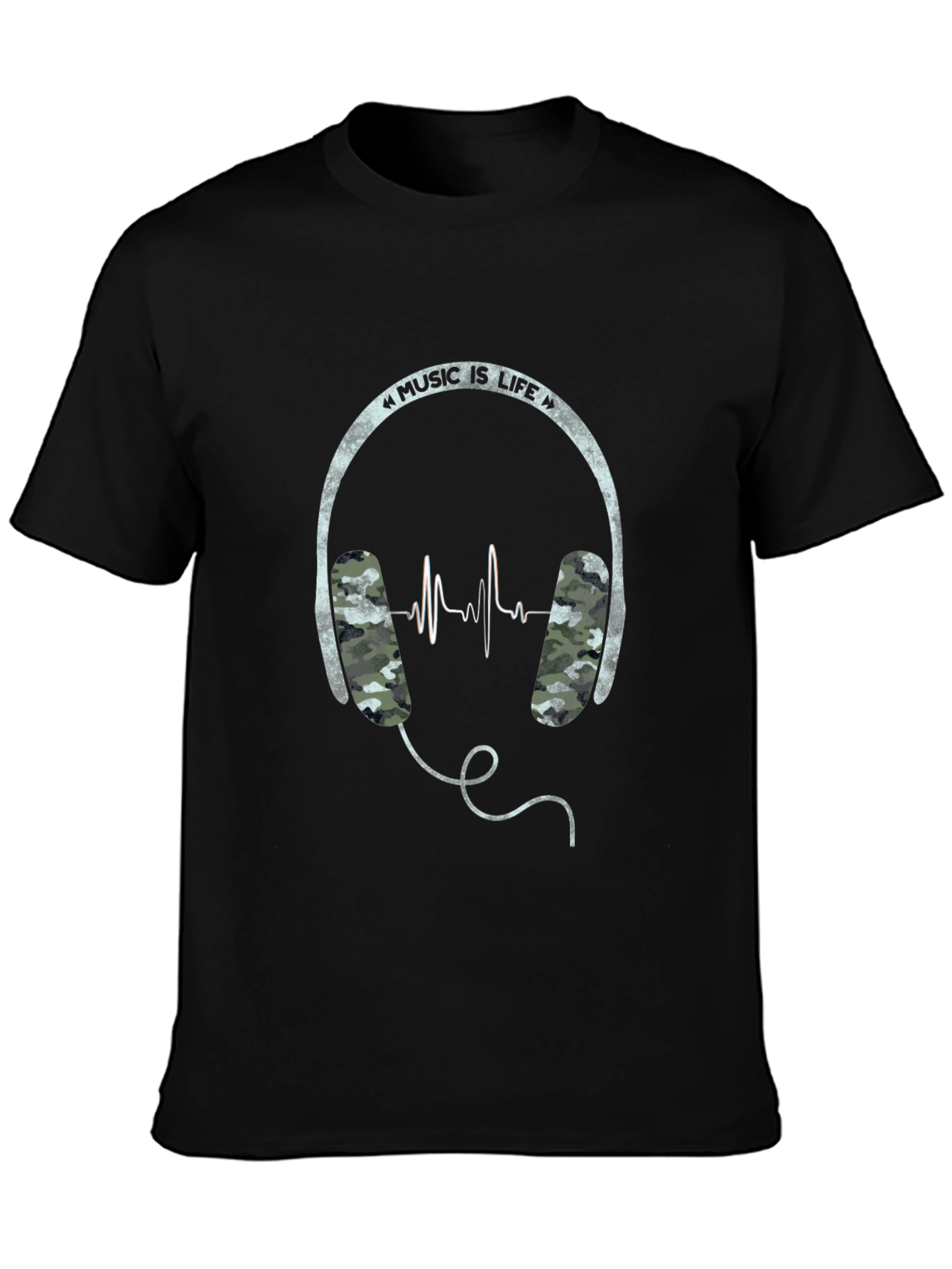 Music is Life Graphic Tee - Camo Headphone Design