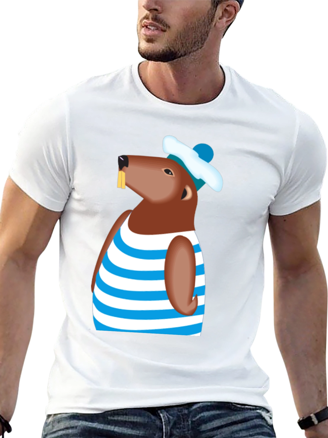 Cartoon Beaver Striped Shirt Graphic Tee