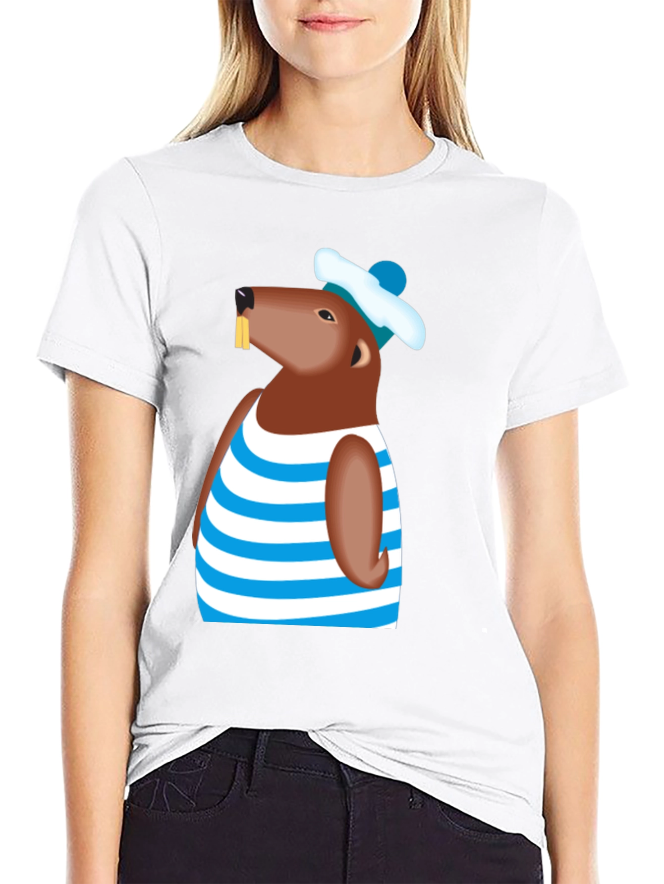 Cartoon Beaver Striped Shirt Graphic Tee
