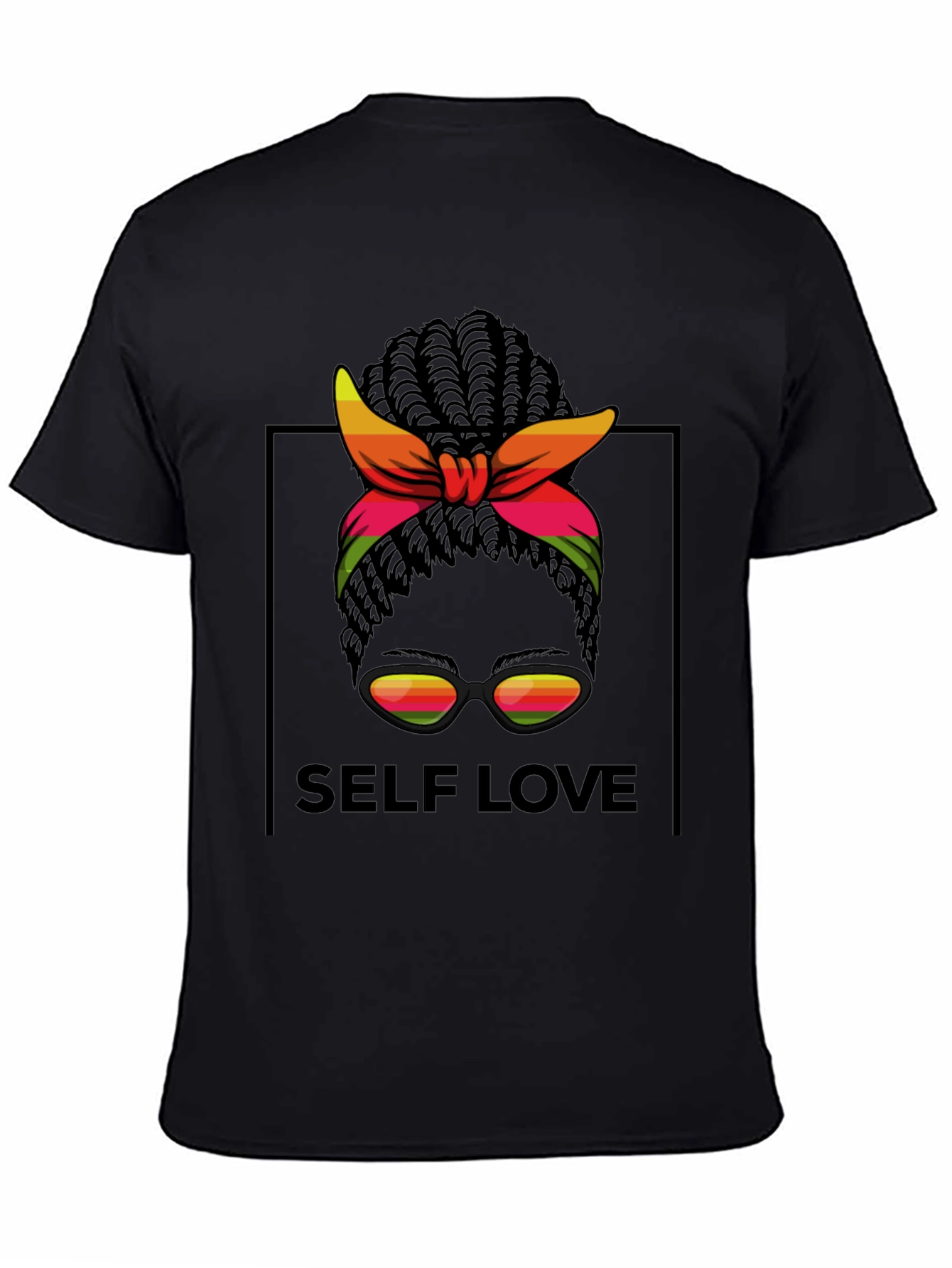 Self Love Black T-Shirt Woman with Headscarf Sunglasses
