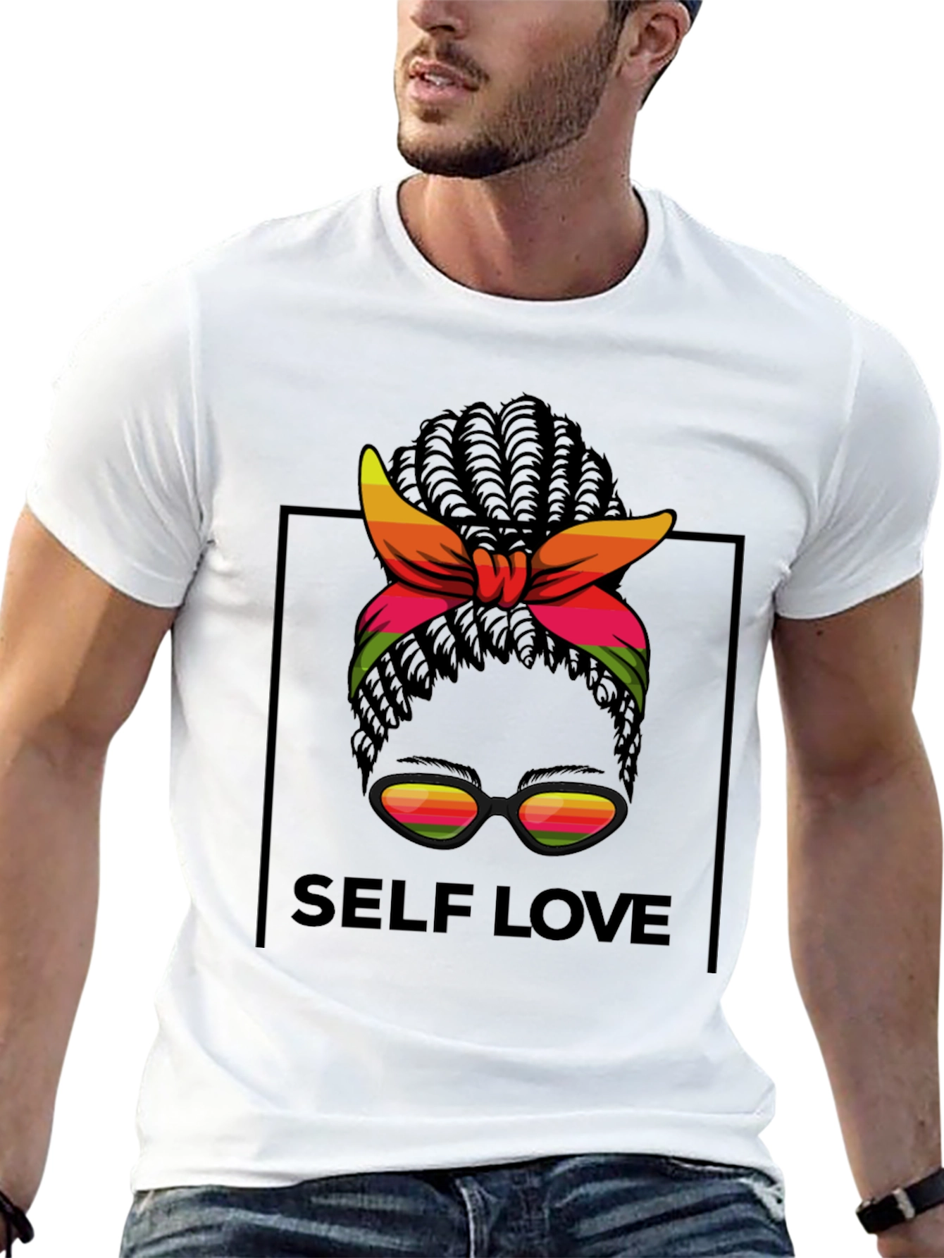 Self Love Black T-Shirt Woman with Headscarf Sunglasses