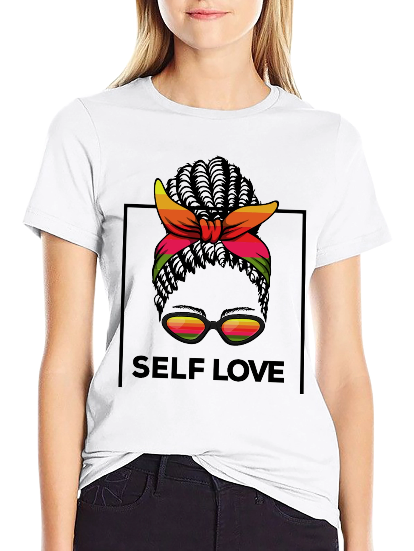 Self Love Black T-Shirt Woman with Headscarf Sunglasses