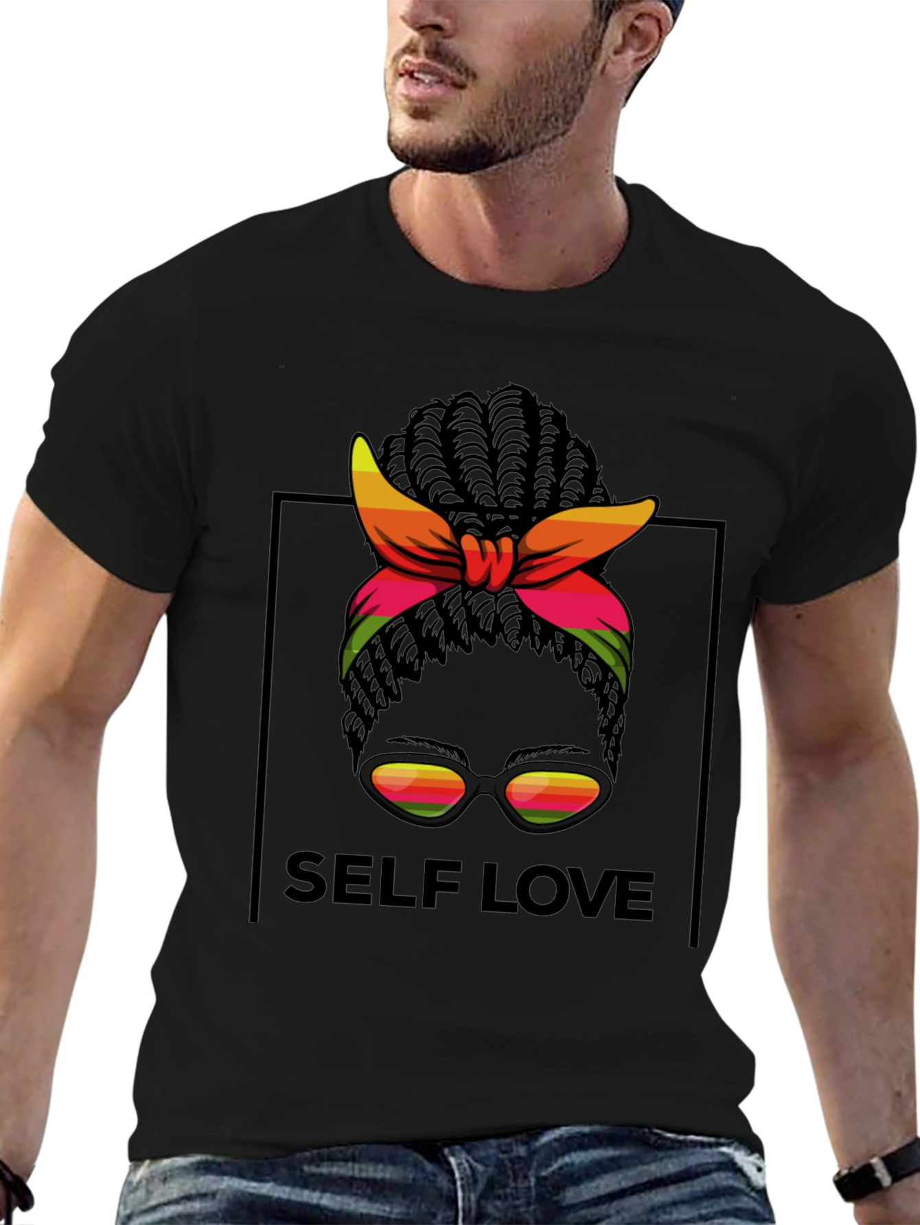 Self Love Black T-Shirt Woman with Headscarf Sunglasses