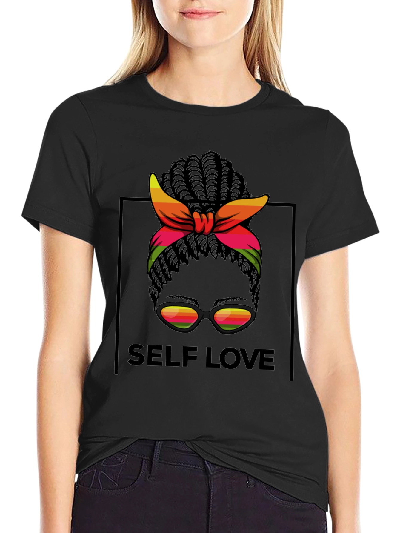 Self Love Black T-Shirt Woman with Headscarf Sunglasses