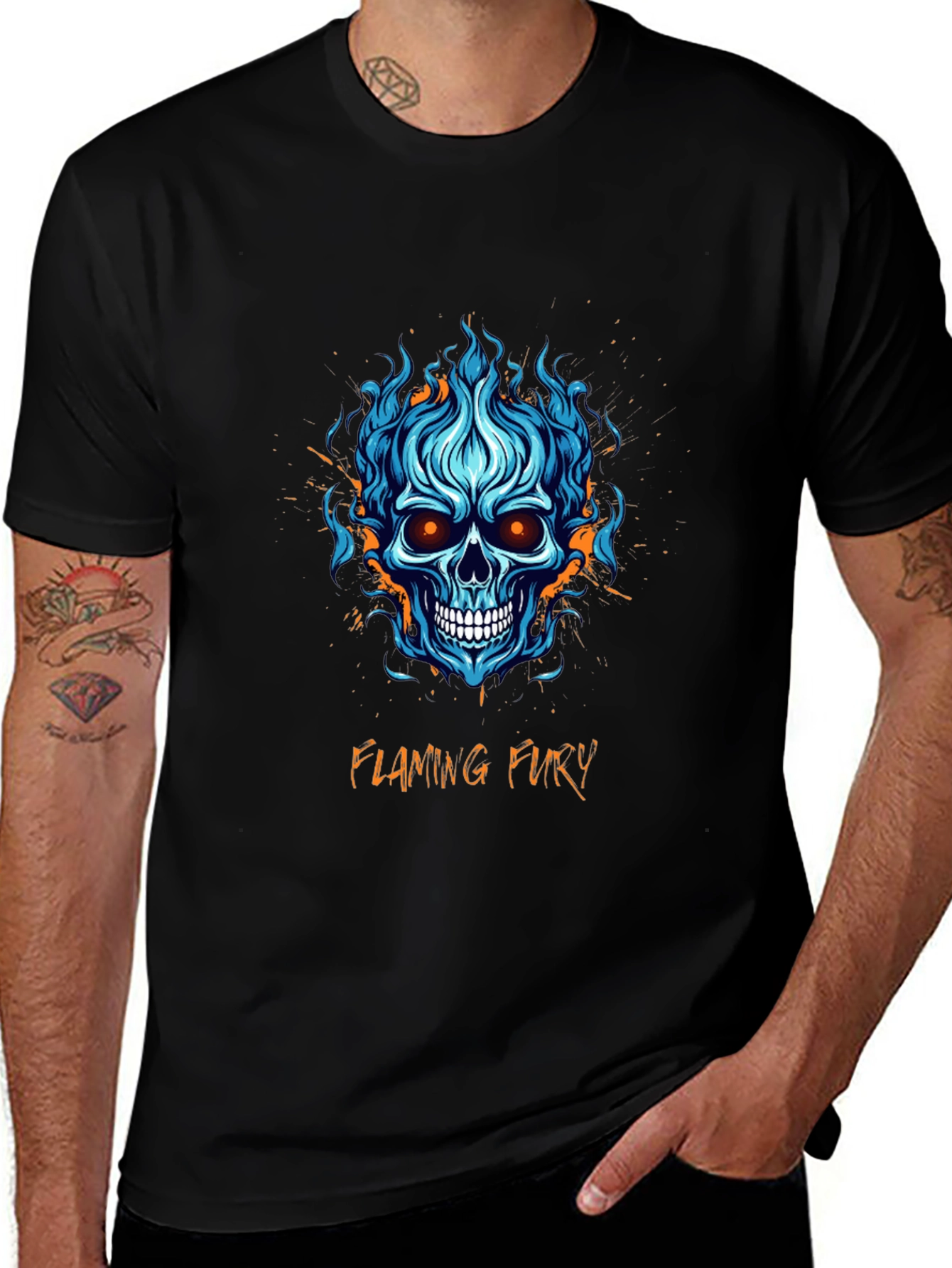 Flaming Fury Skull Graphic T-Shirt - Mens Black Tee