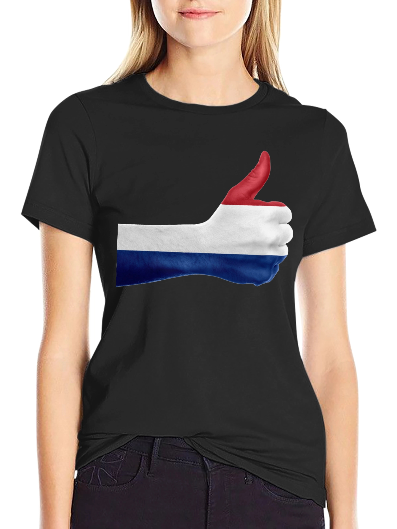 Netherlands Flag Thumbs Up Black T-Shirt