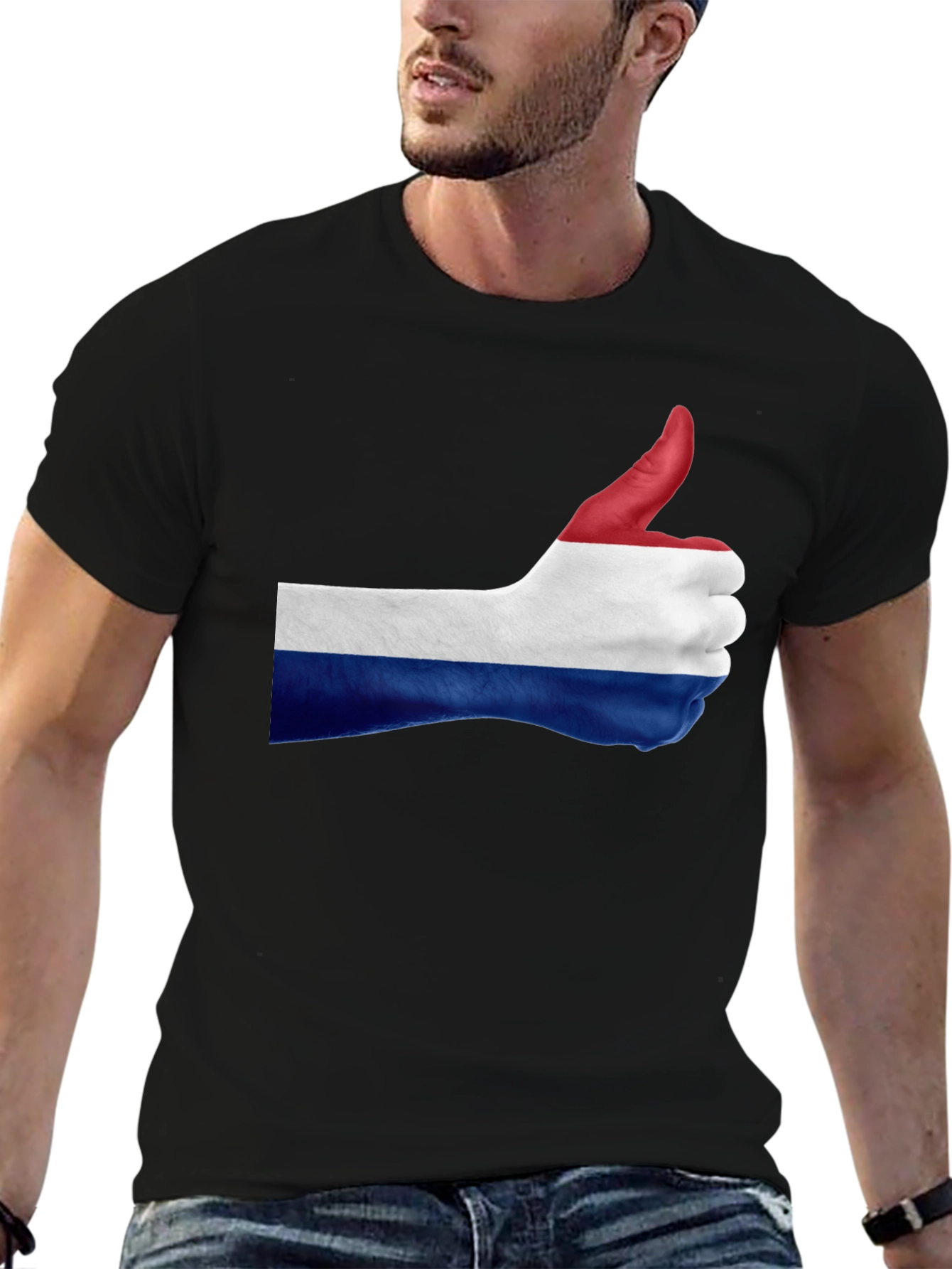 Netherlands Flag Thumbs Up Black T-Shirt