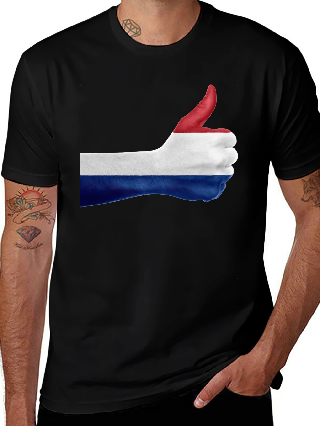 Netherlands Flag Thumbs Up Black T-Shirt