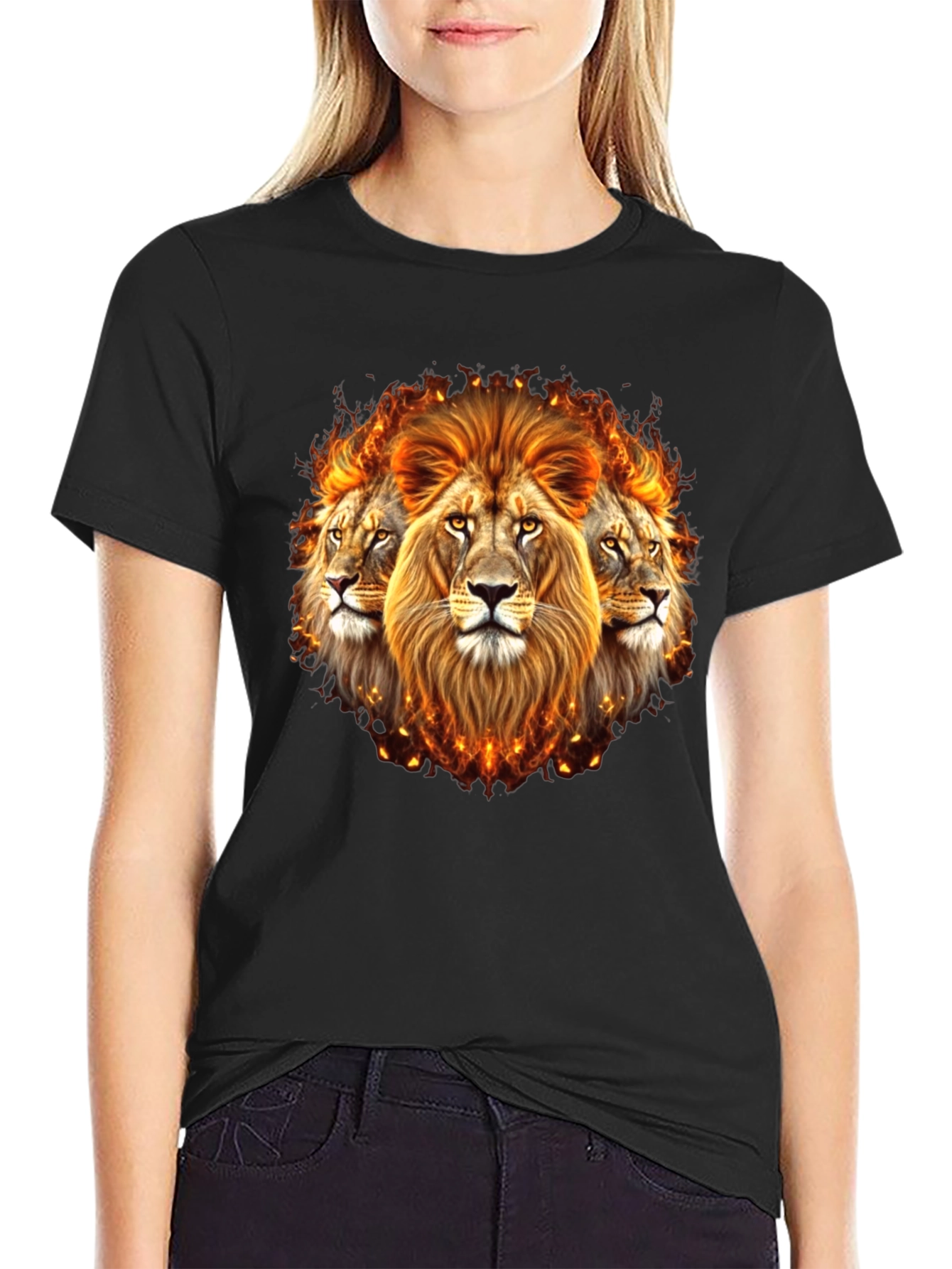 Fiery Lion Head Graphic Tee - Bold Black Shirt