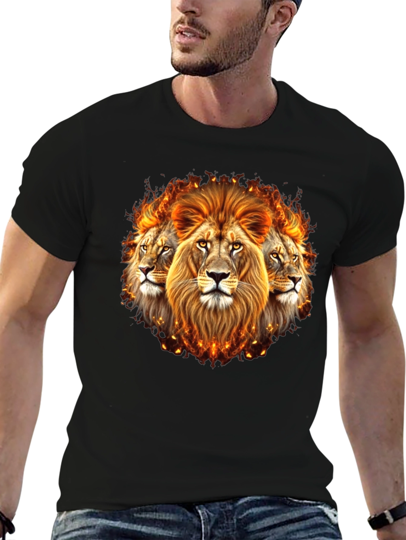 Fiery Lion Head Graphic Tee - Bold Black Shirt