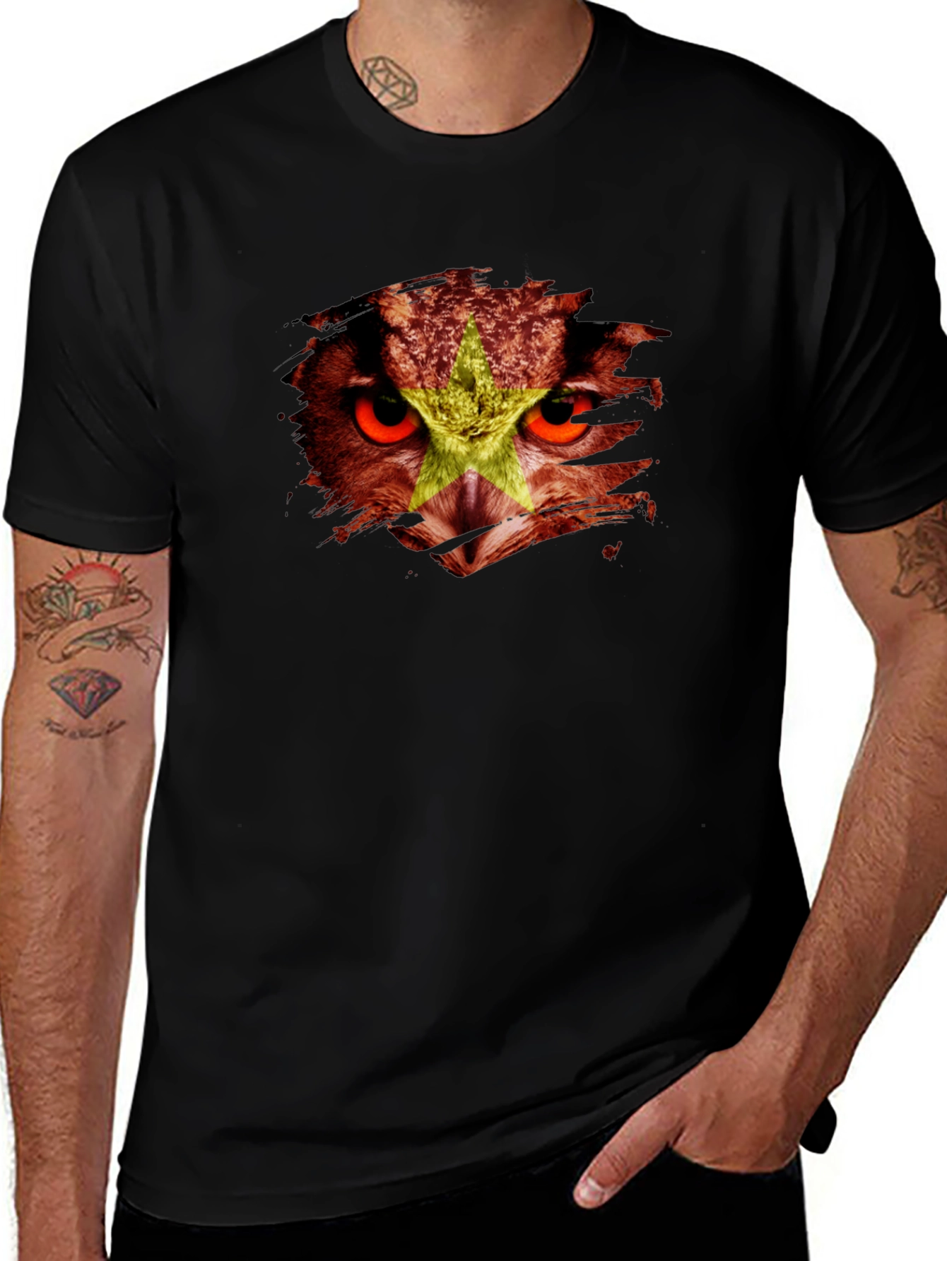 Vietnam Owl Flag Graphic Print Black T-Shirt