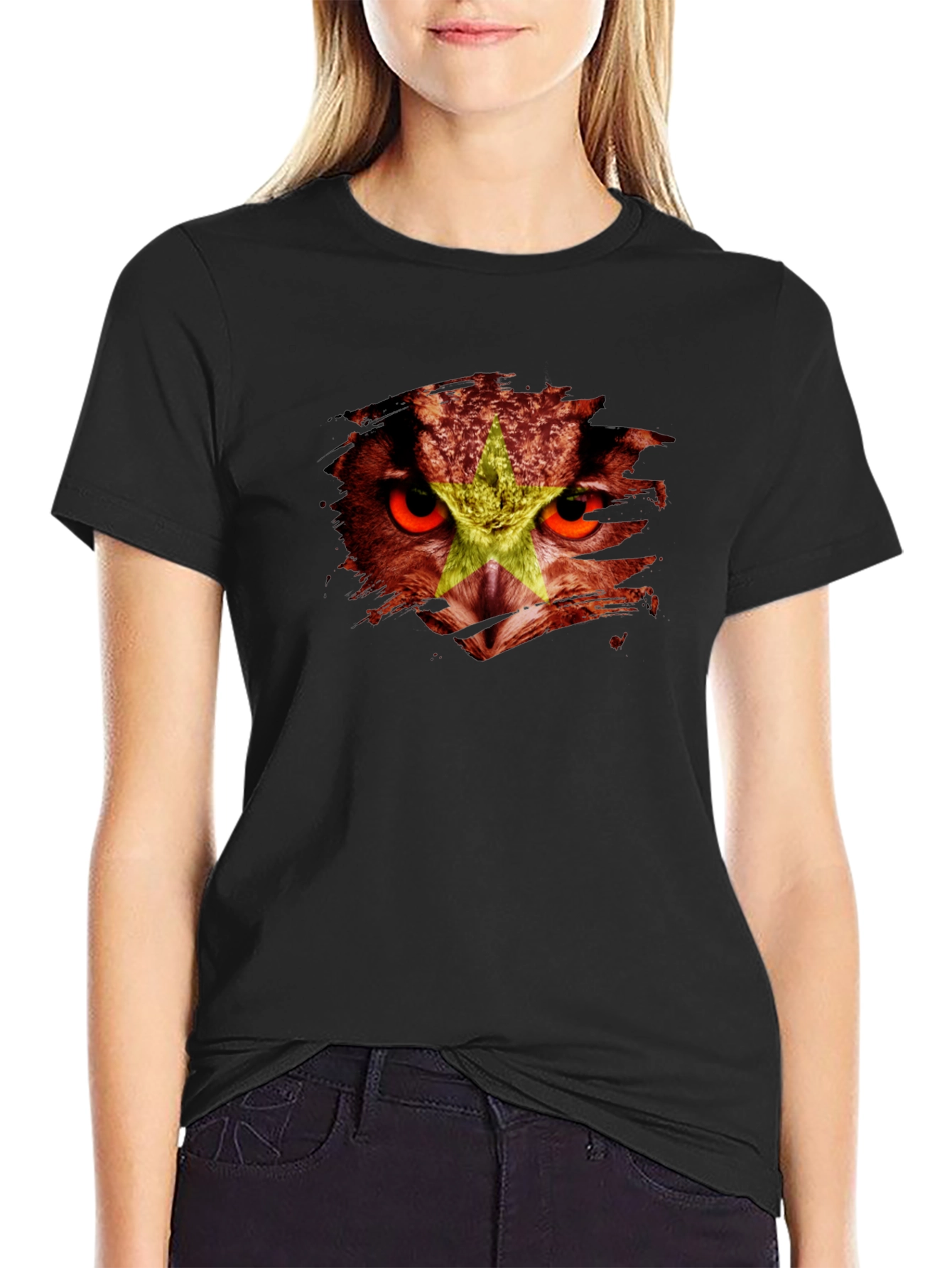 Vietnam Owl Flag Graphic Print Black T-Shirt